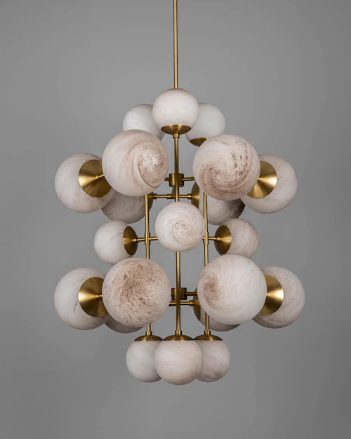 Glow brass and glass Chandelier in Lacquered Burnished Brassfinish handcrafted by Schwung