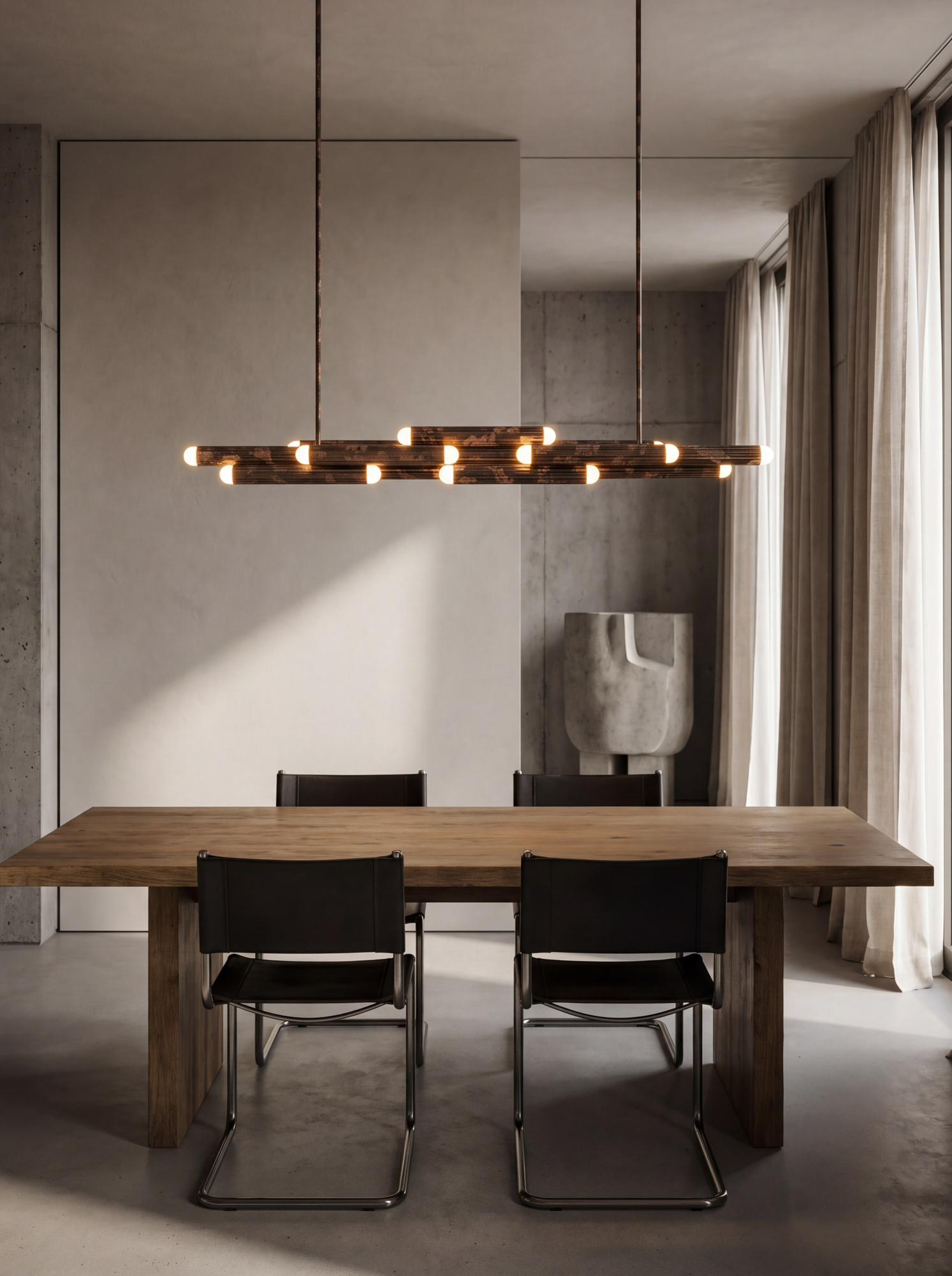Vesta Legion Linear chandelier in rose ash finish, suspended above a contemporary dining table in a refined neutral interior by Schwung.