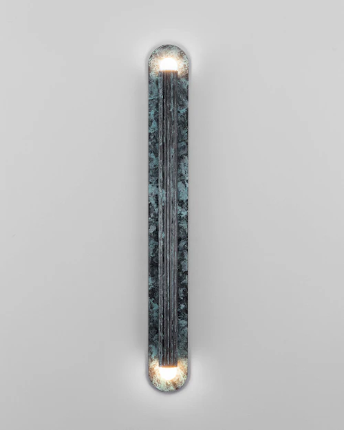 Vesta XLG brass Wall Sconce/Flush Mount in verdigris ash finish handcrafted by Schwung
