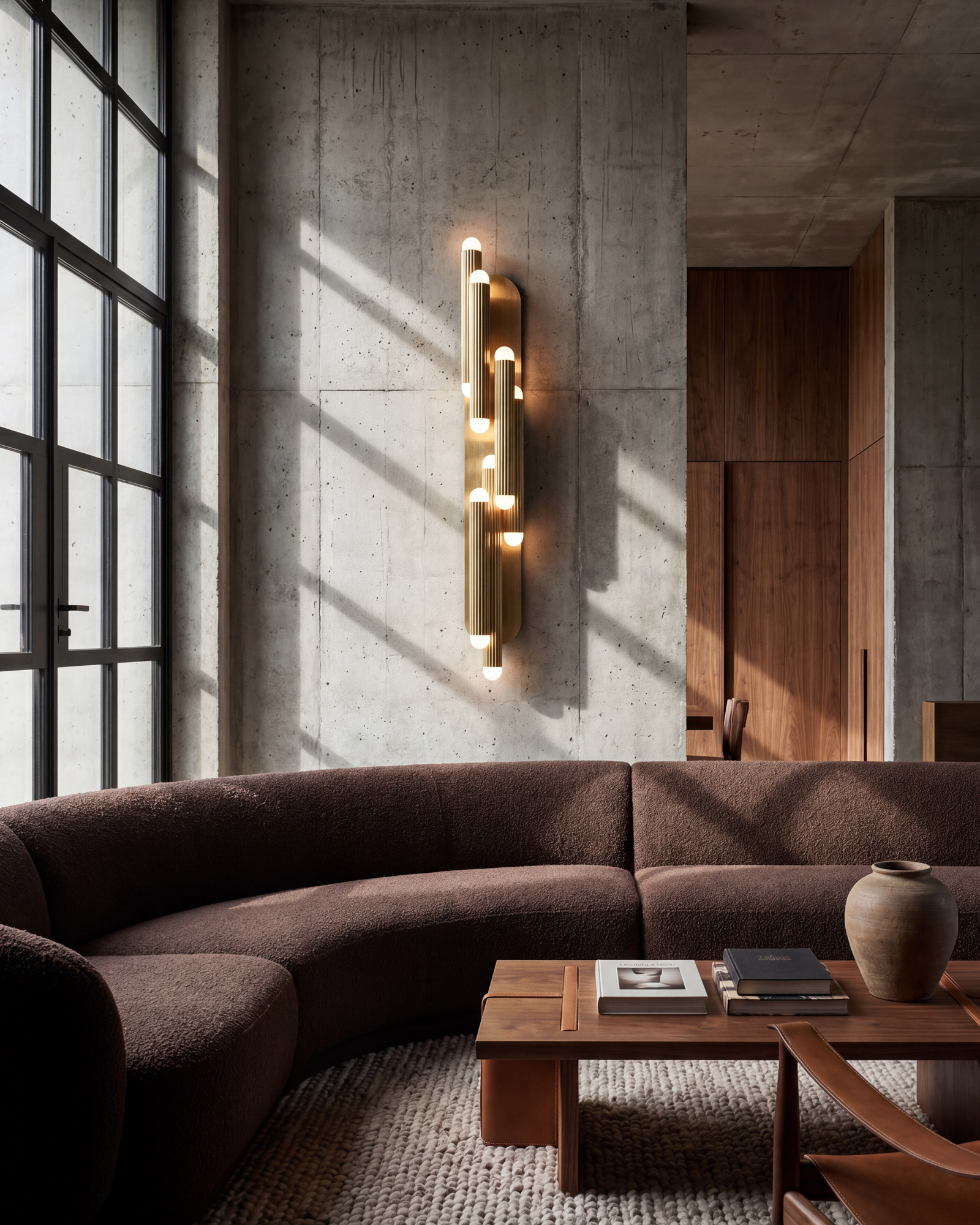 Vesta Legion MD wall sconce / flush mount in rose ash finish, illuminating a refined living room interior by Schwung.