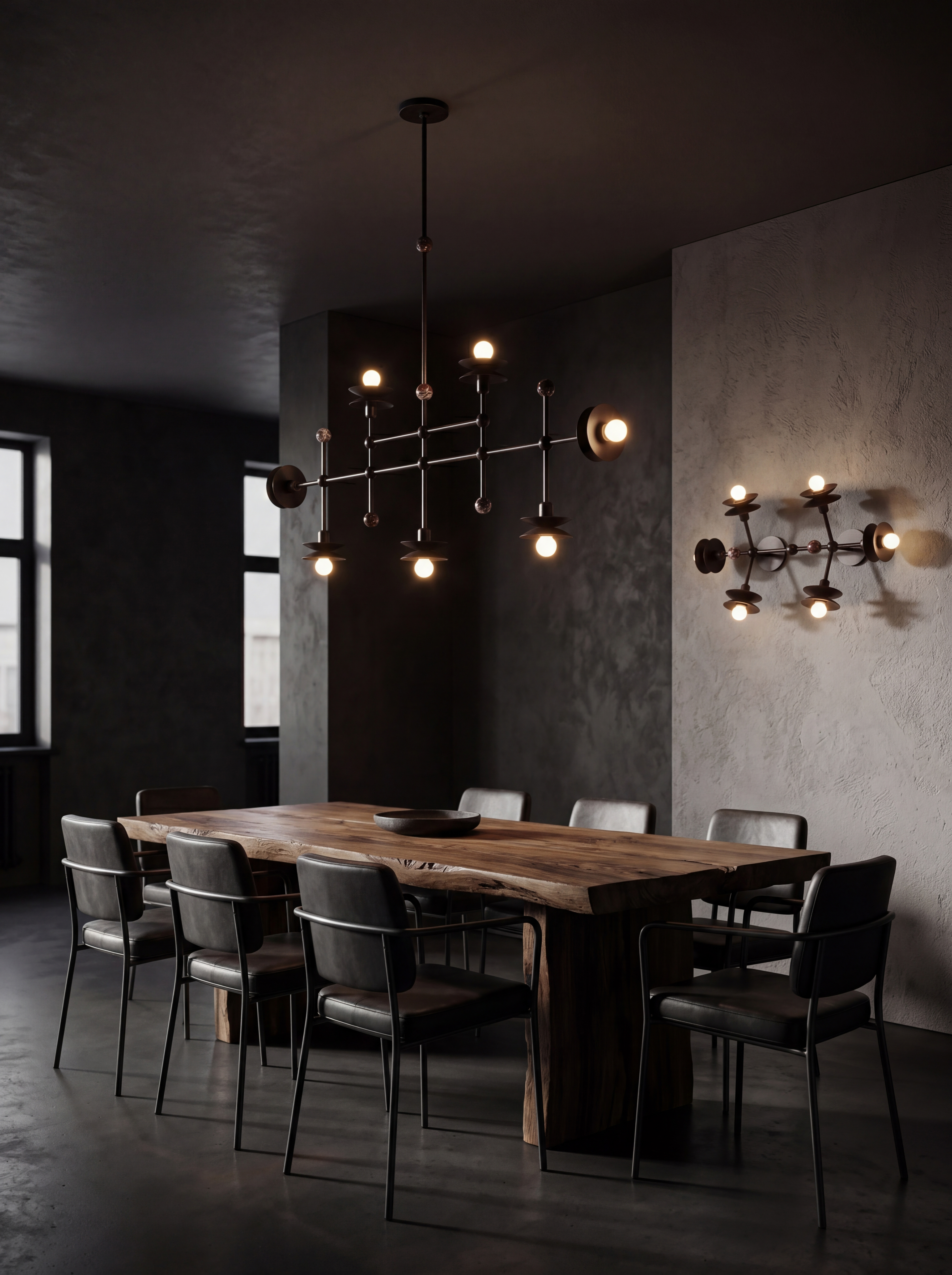 Babylon Horizon brass and marble wall sconce/flush mount in a Classic Bronze finish, handcrafted by Schwung, installed next to a dining table.