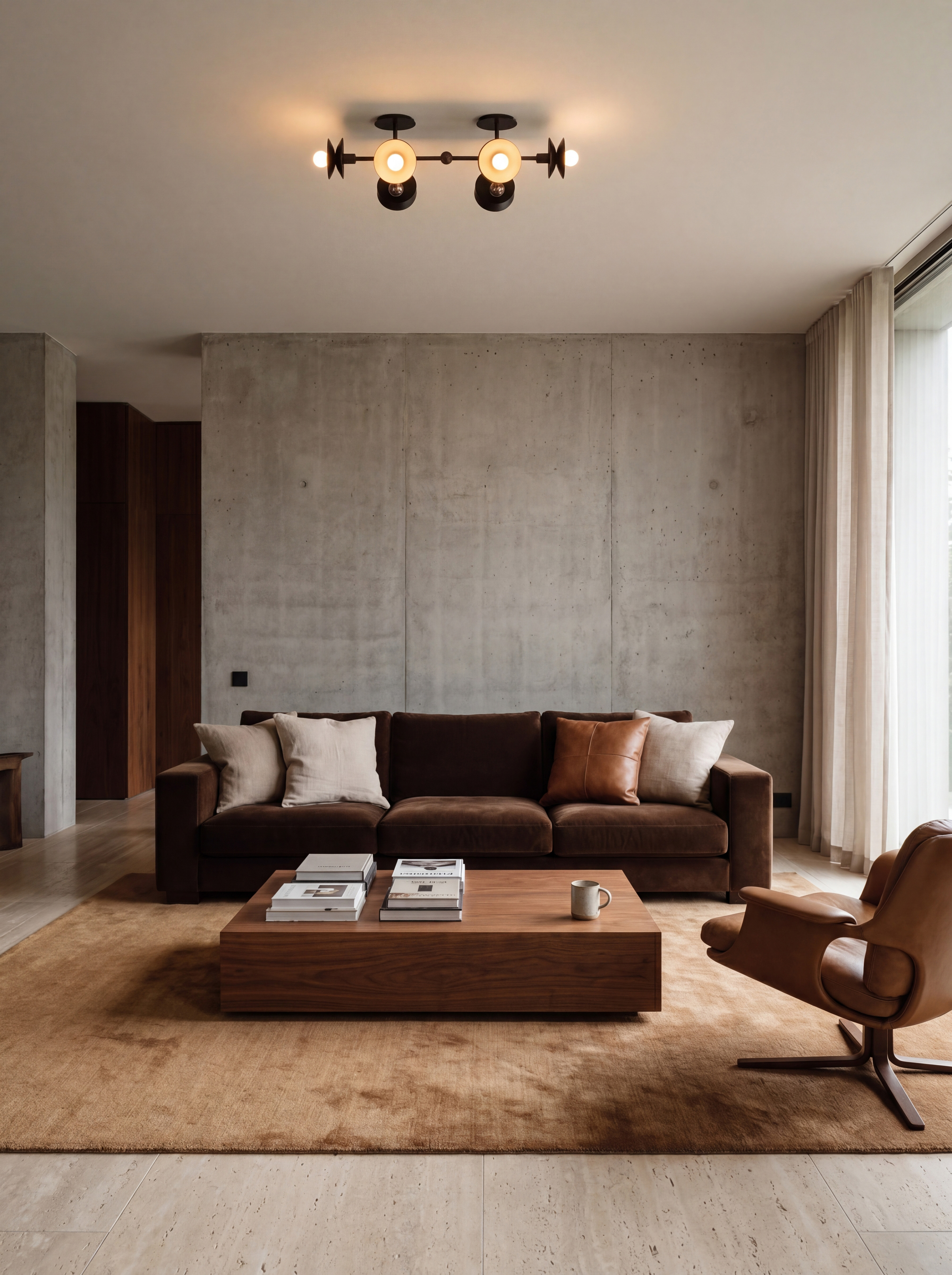 Babylon Horizon brass and marble wall sconce/flush mount in a Classic Bronze finish, handcrafted by Schwung, installed in a living room above a coffee table and sofas.