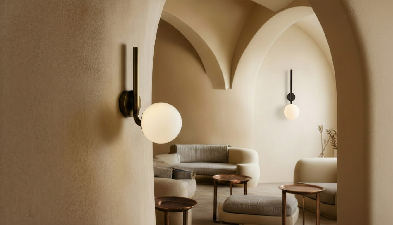Tubular MD brass and glass wall sconce by Schwung, featuring a curved brass arm and glowing glass sphere, handcrafted for refined interior lighting.