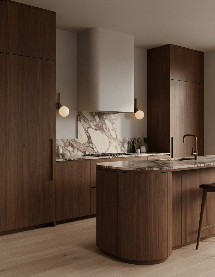 Tubular MD brass and glass wall sconces in a Classic Bronze finish, handcrafted by Schwung, mounted on a kitchen wall and illuminating a marble backsplash and kitchen island.