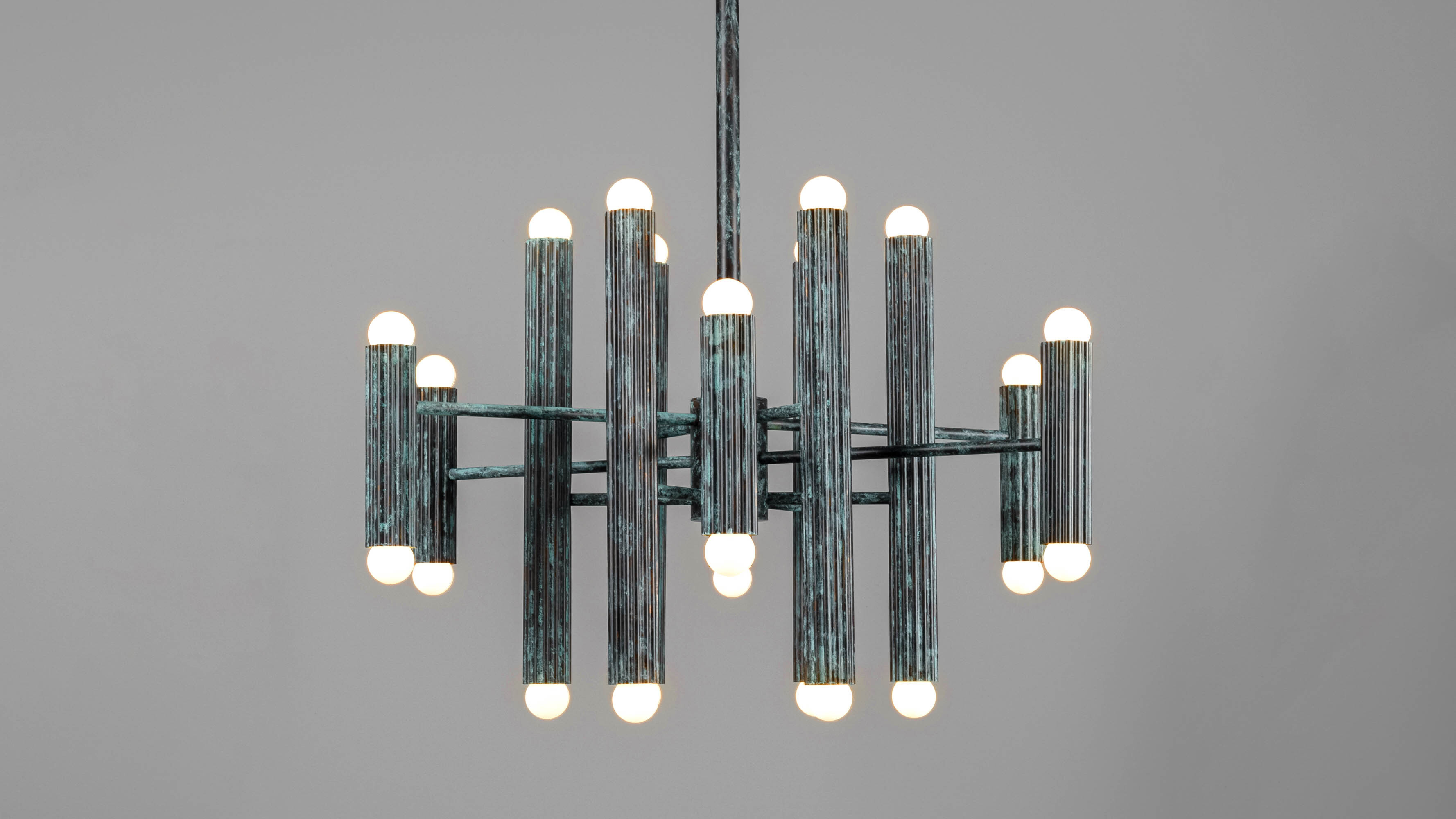 Vesta Round 24 brass Chandelier in verdigris ash  finish handcrafted by Schwung