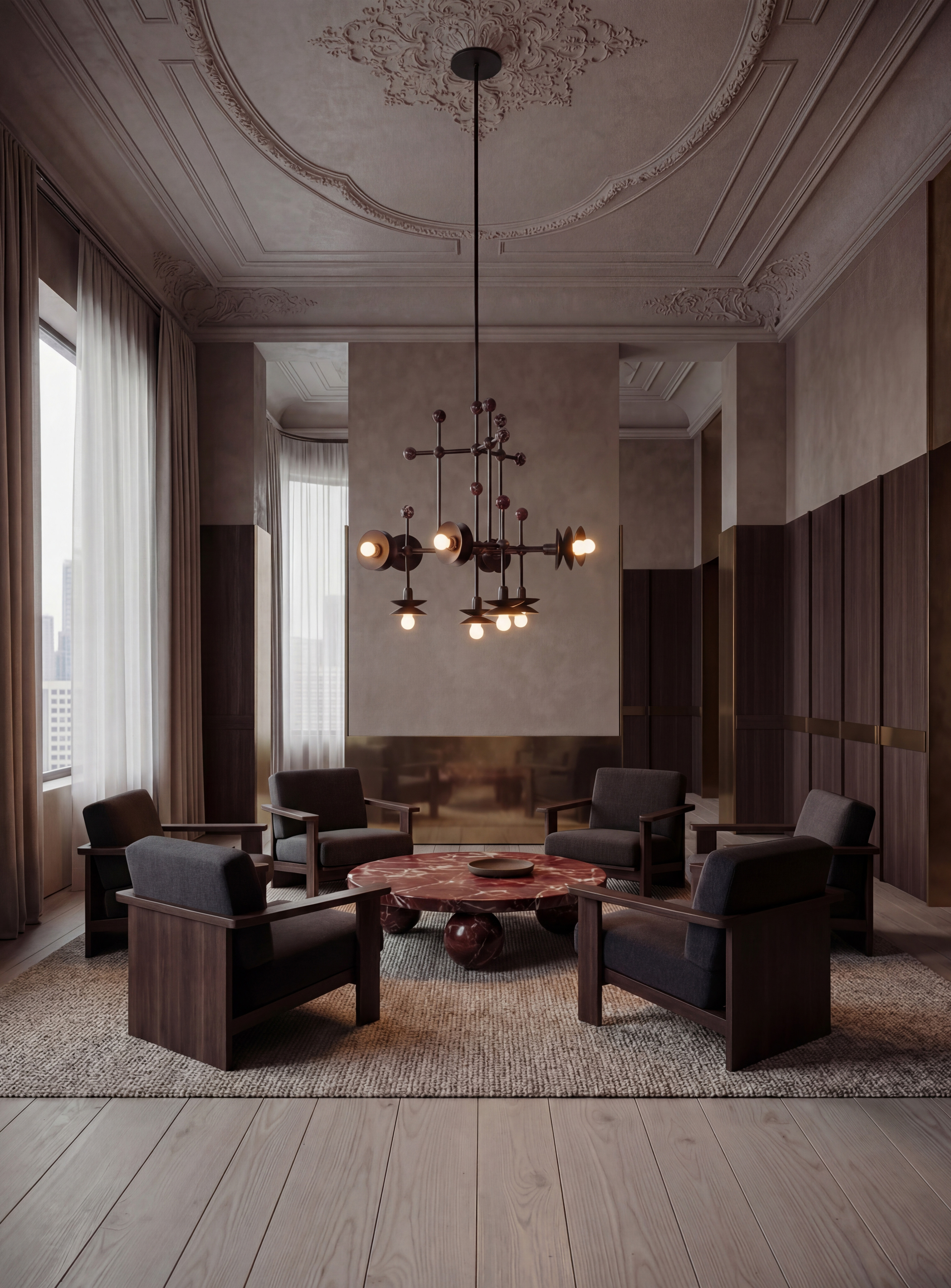 Babylon brass and Rosso Levanto marble chandelier in a Classic Bronze finish, handcrafted by Schwung, hanging above a Rosso Levanto marble coffee table in a living room.