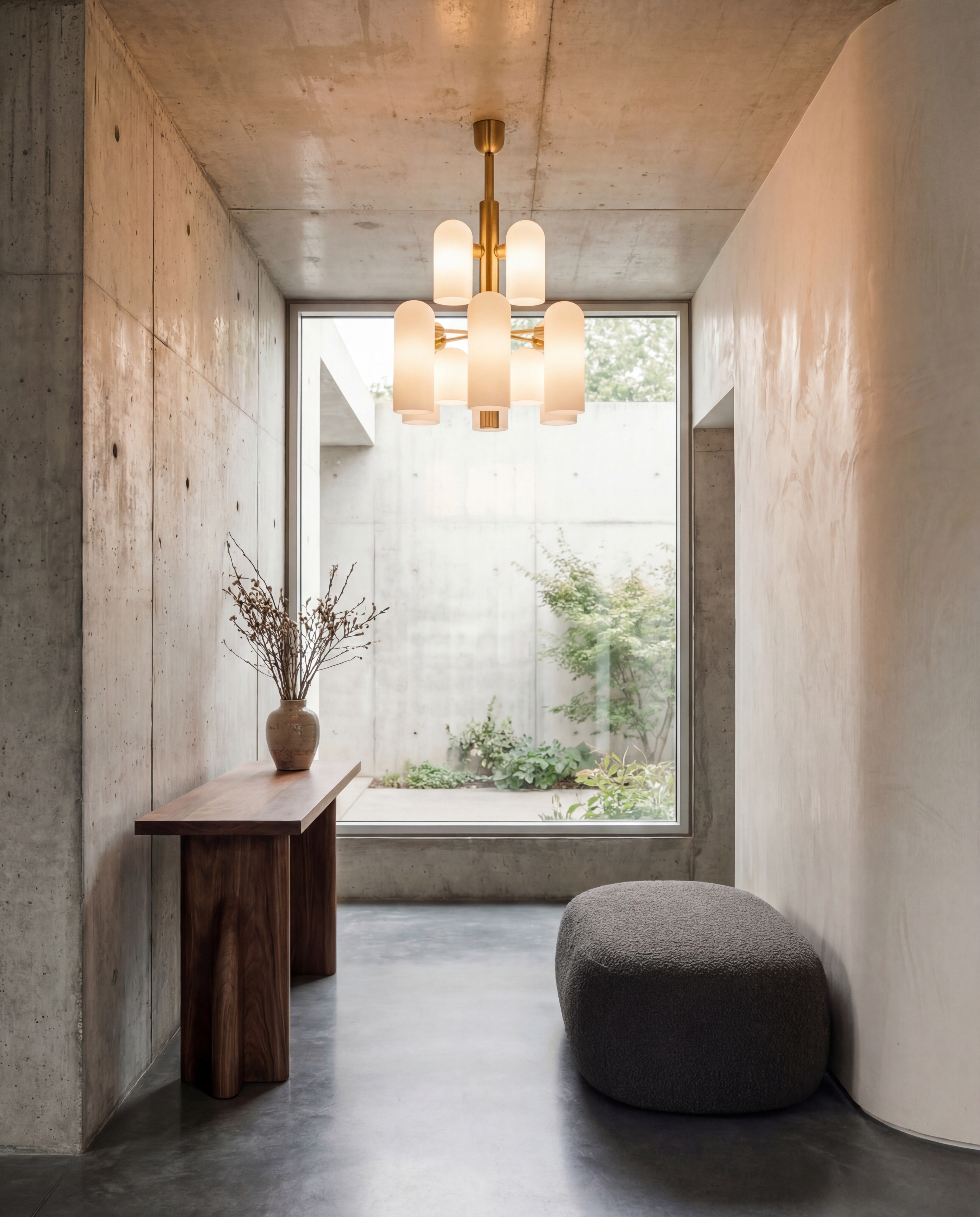 Odyssey 12 brass and glass chandelier in a Lacquered Burnished Brass finish, handcrafted by Schwung, suspended in a minimalist hallway above a bench and console table.