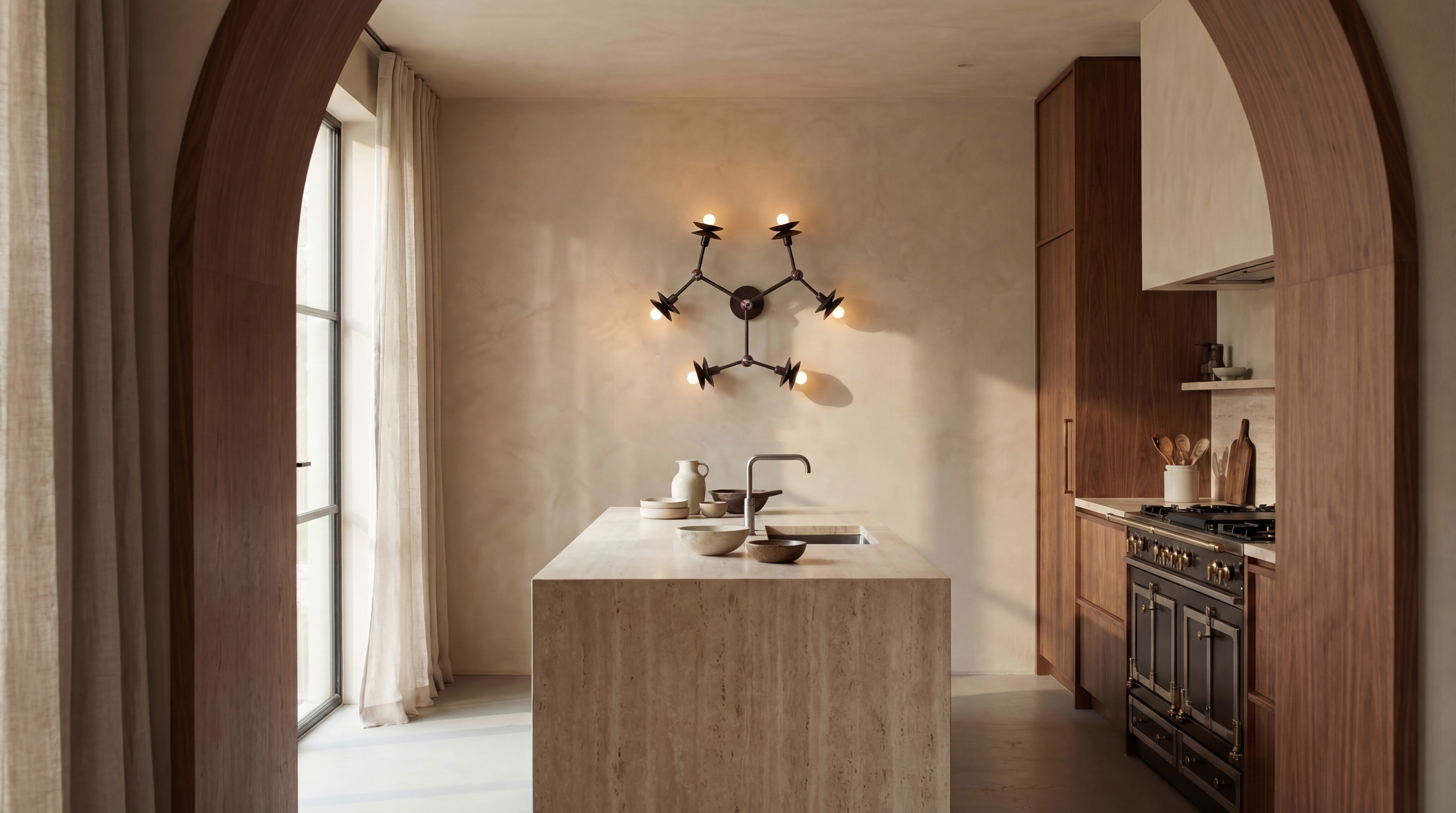 Babylon 6 brass and marble wall sconce/flush mount in a Classic Bronze finish, handcrafted by Schwung, installed on a kitchen wall.