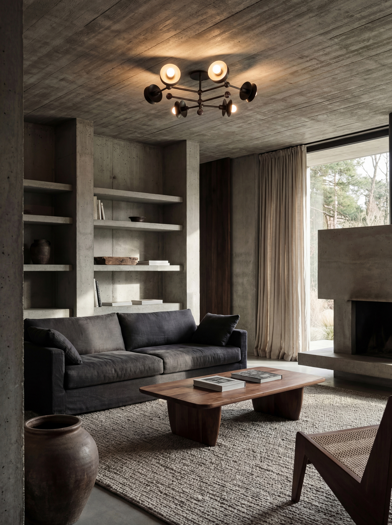 Babylon 6 brass and marble wall sconce/flush mount in a Classic Bronze finish, handcrafted by Schwung, installed above a coffee table in a living room.