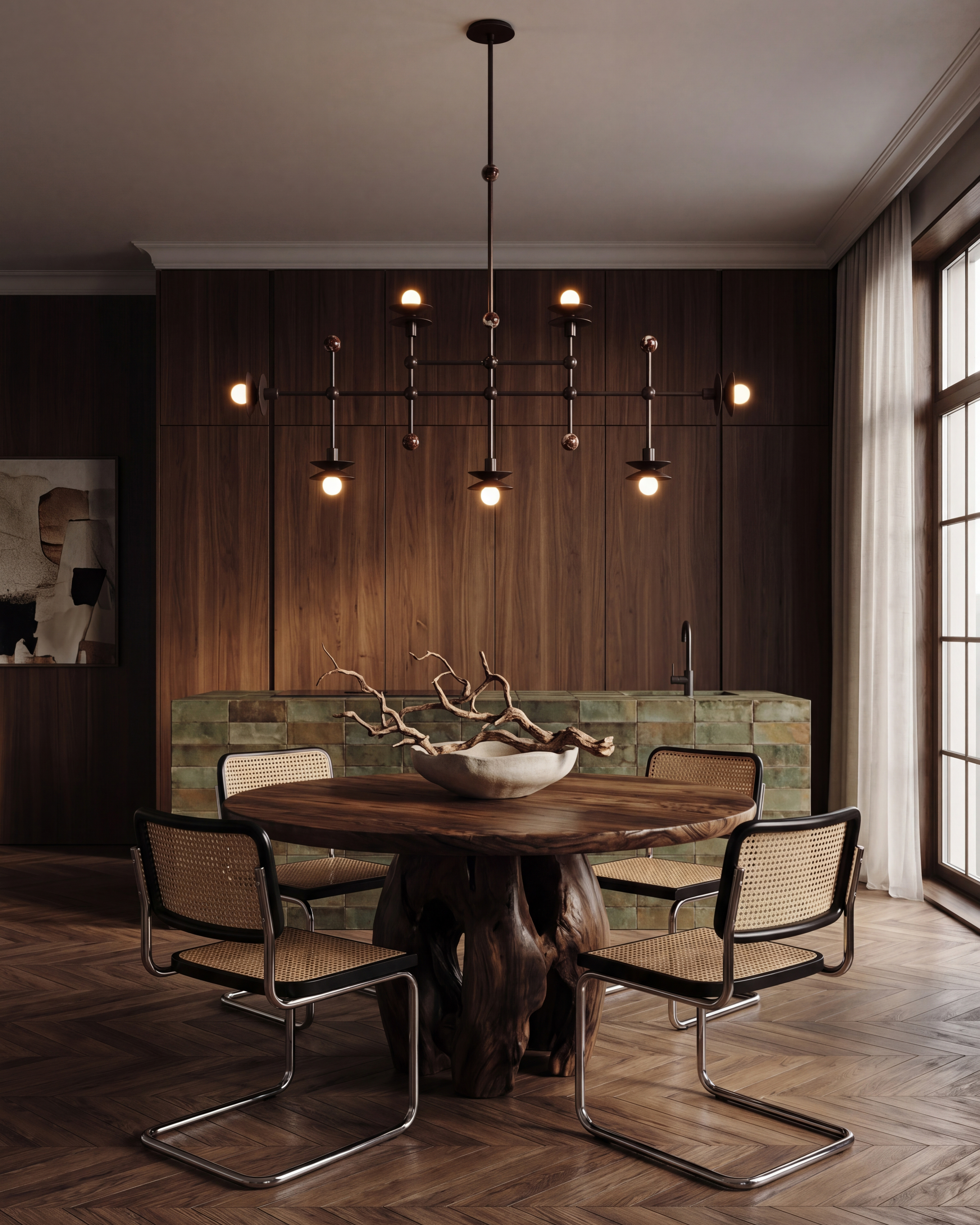 Babylon Linear 7 brass and marble chandelier in a Classic Bronze finish, handcrafted by Schwung, hanging above a dining table.