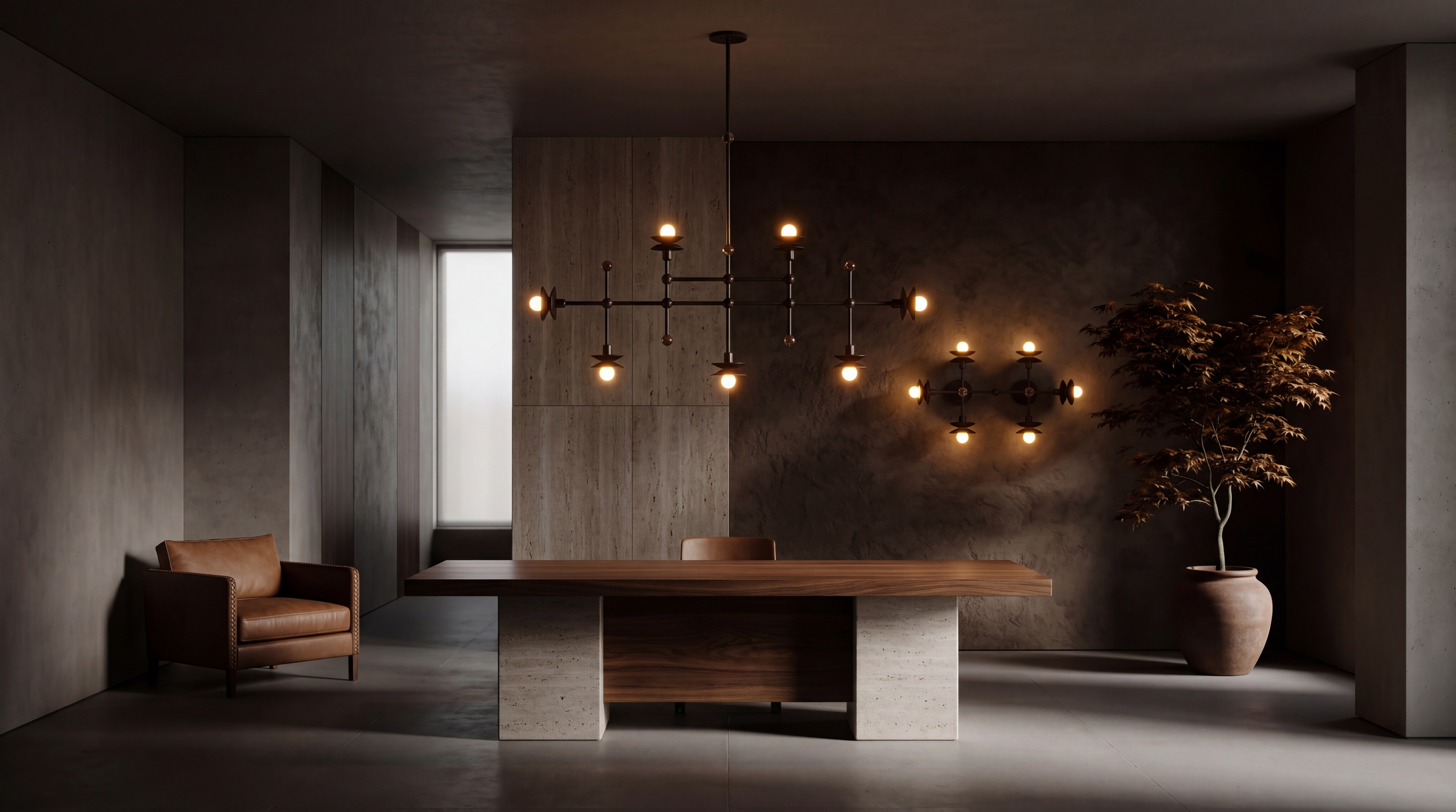 Babylon Linear 7 brass and marble chandelier in a Classic Bronze finish, handcrafted by Schwung, hanging above a dining table.