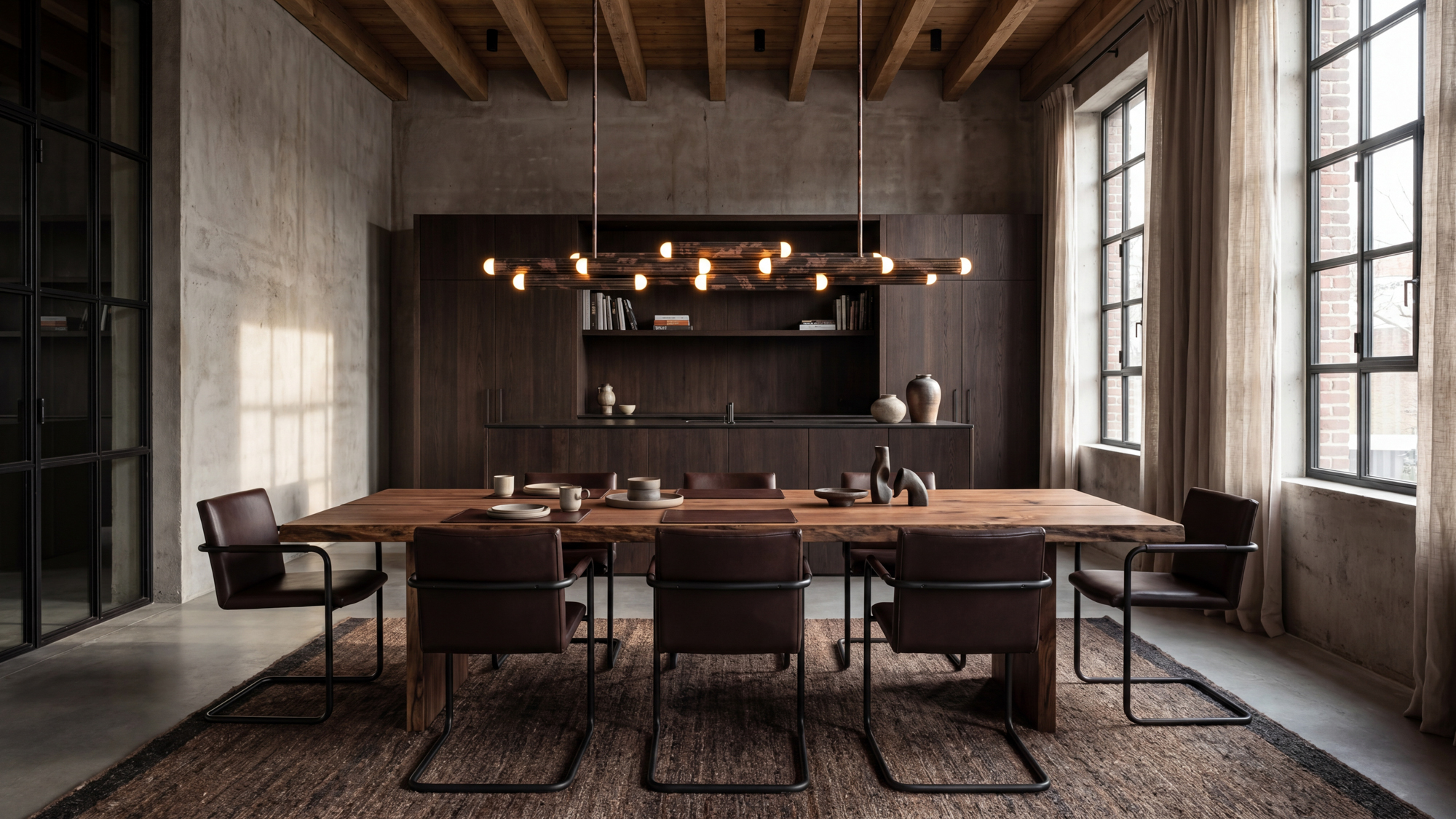 Vesta Legion Linear chandelier in rose ash finish, suspended above a refined dining table in an architectural interior by Schwung.