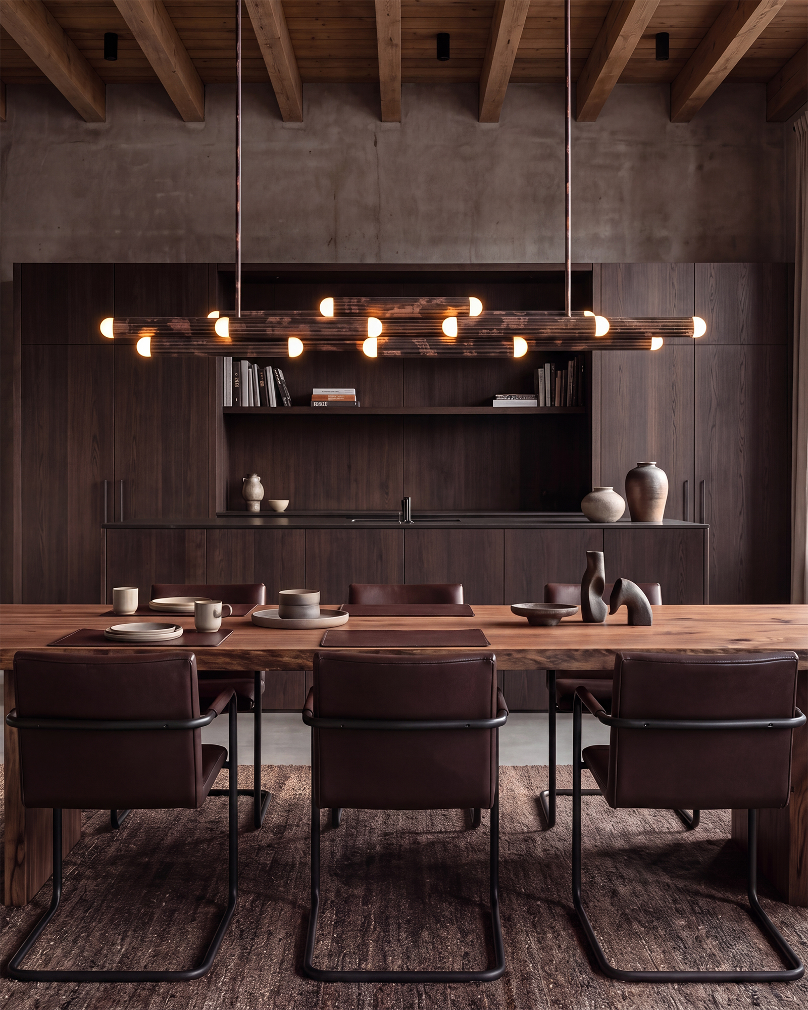 Vesta Legion Linear chandelier in rose ash finish, suspended above a refined dining table in an architectural interior by Schwung.