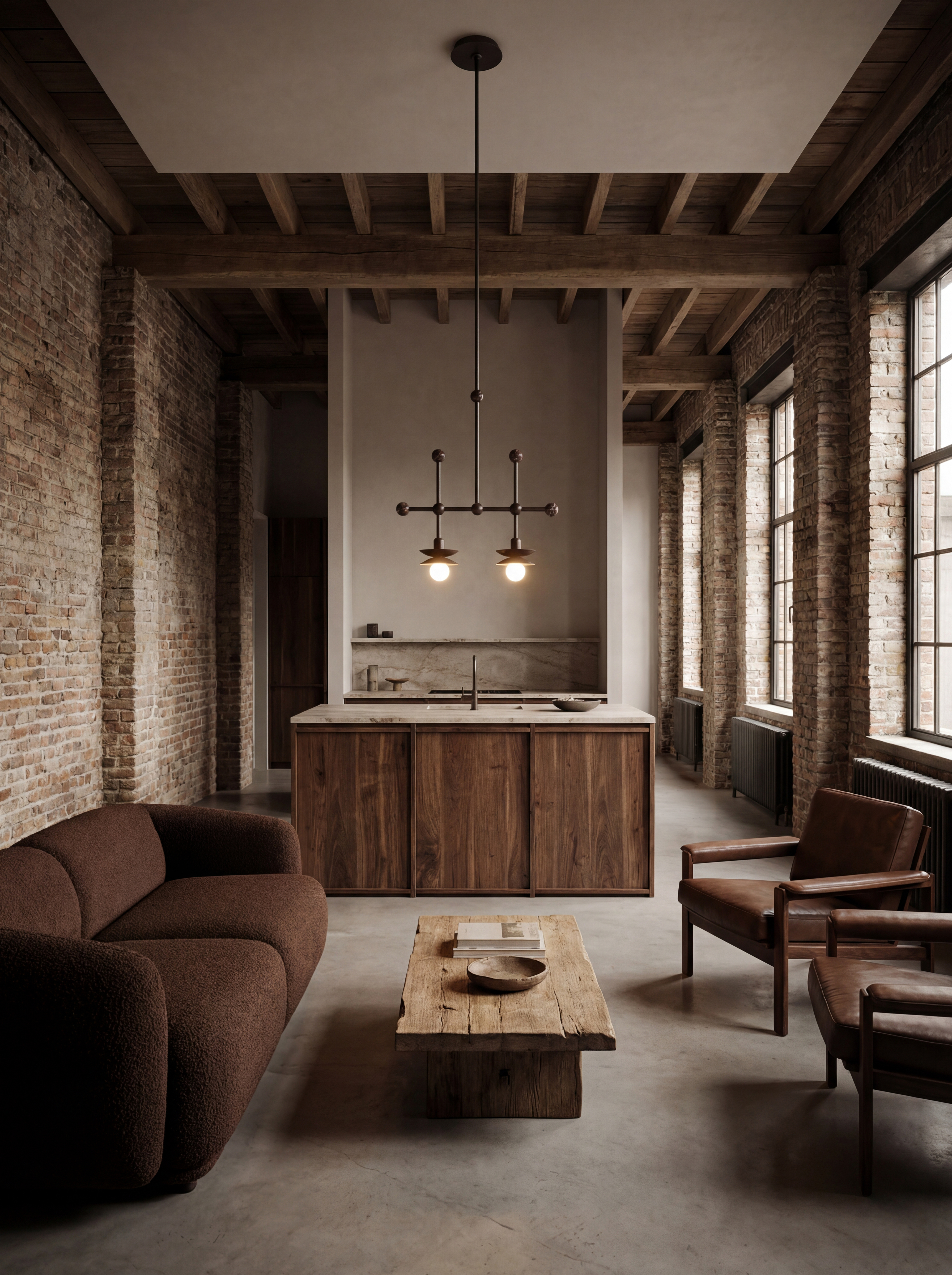 Babylon Double brass and marble pendant in a Classic Bronze finish, handcrafted by Schwung, hanging above a kitchen island.