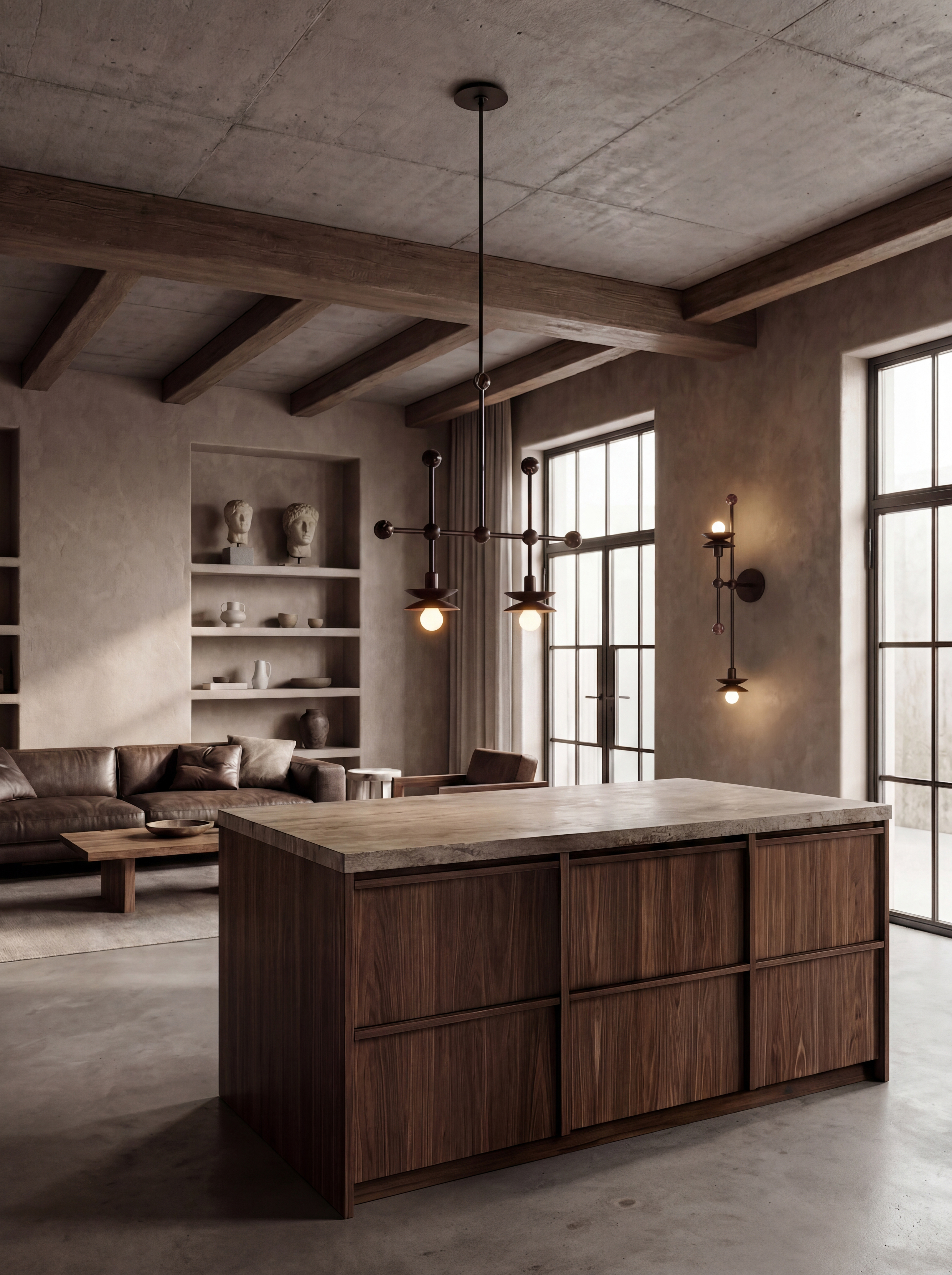 Babylon Double brass and marble pendant in a Classic Bronze finish, handcrafted by Schwung, hanging above a kitchen island.