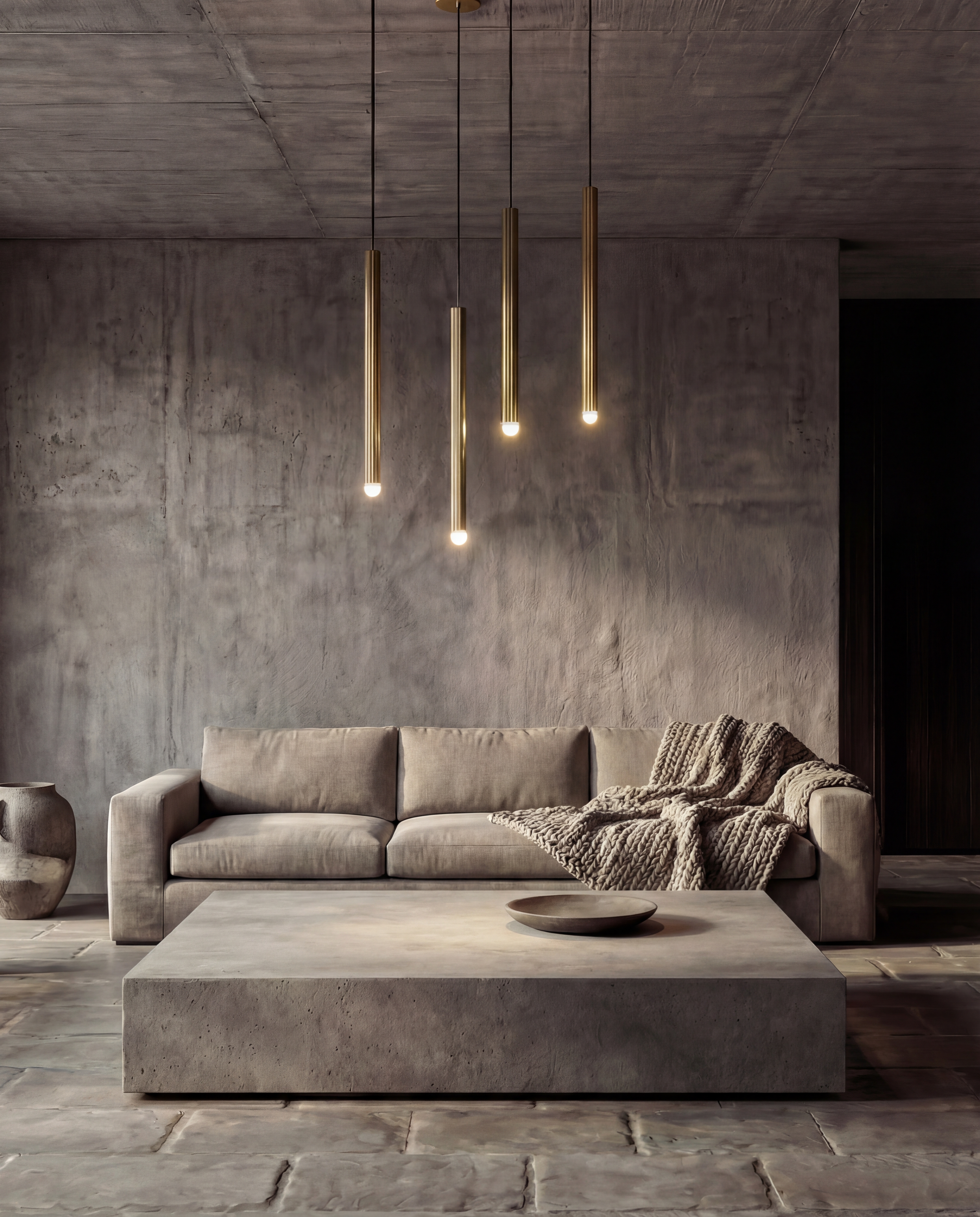 Vesta Single LG brass pendants in lacquered burnished brass finish, suspended above a refined living room interior, handcrafted by Schwung.