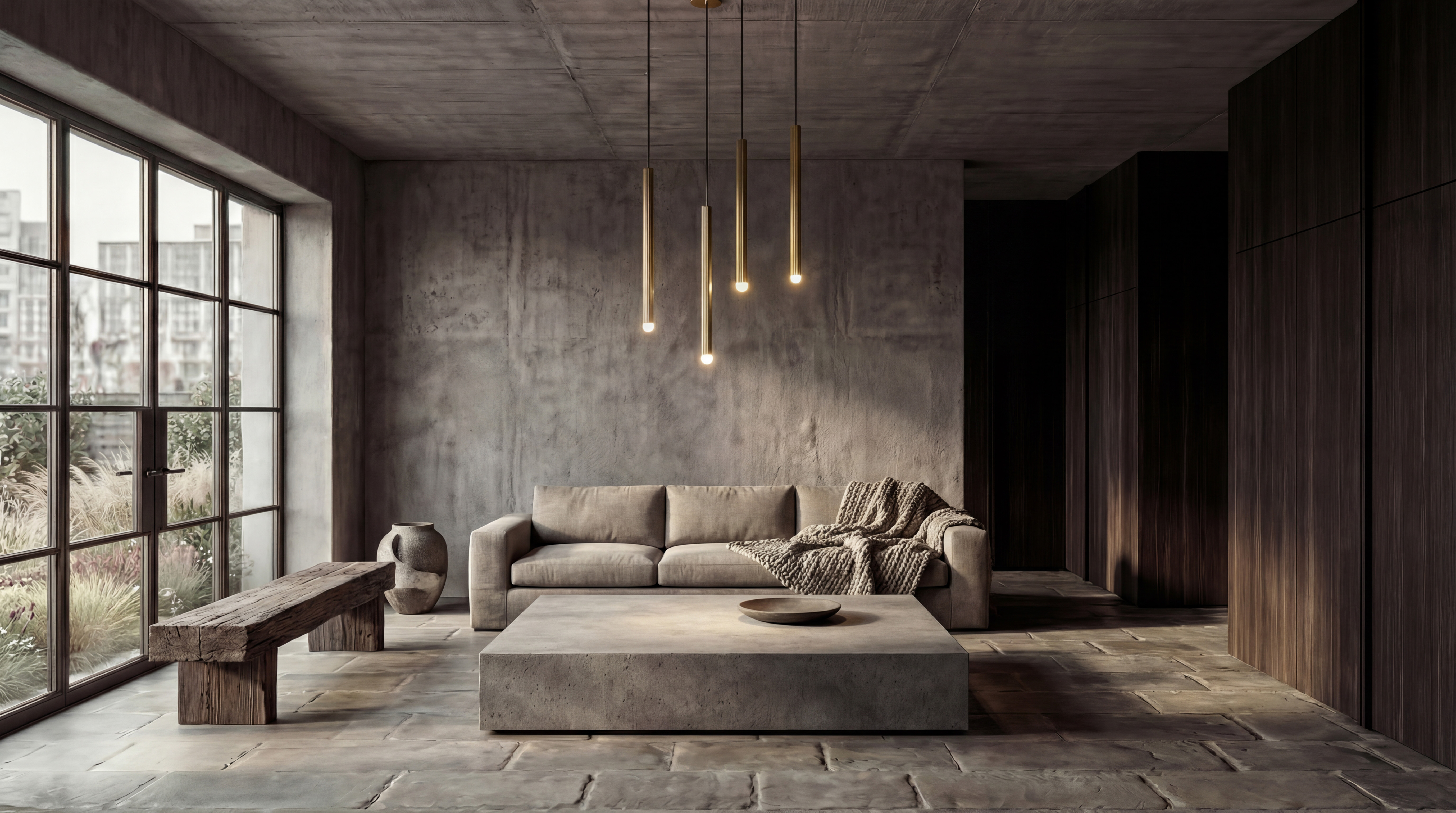 Vesta Single LG brass pendants in lacquered burnished brass finish, suspended above a refined living room interior, handcrafted by Schwung.