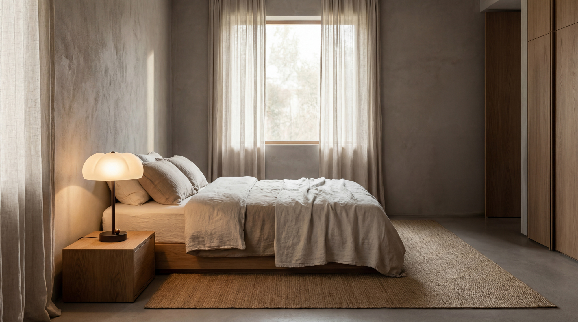 Hana table lamp by Schwung, handcrafted in brass and glass, placed on a bedside table and softly illuminating a bedroom interior.