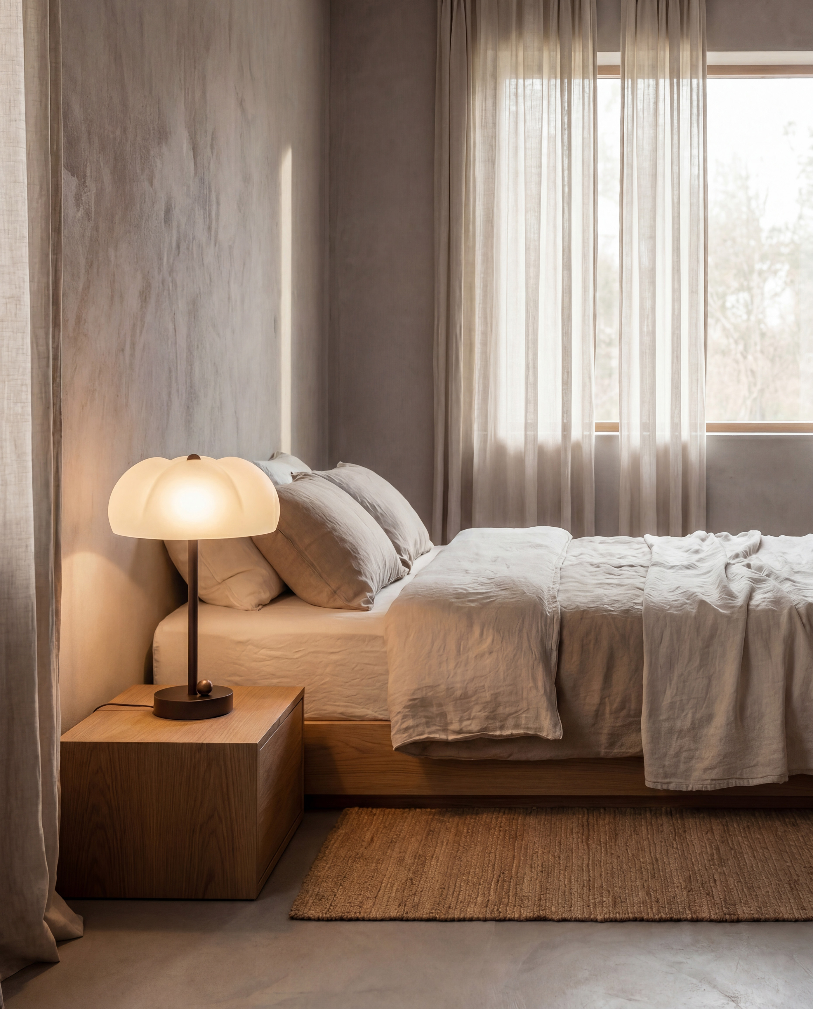 Hana table lamp by Schwung, handcrafted in brass and glass, placed on a bedside table and softly illuminating a bedroom interior.