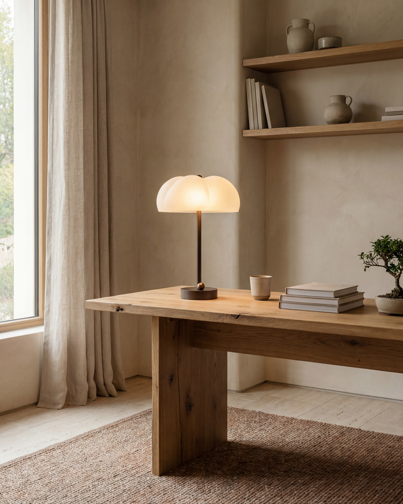 Hana table lamp by Schwung, handcrafted in brass and glass, placed on a wooden console table and softly illuminating the interior.