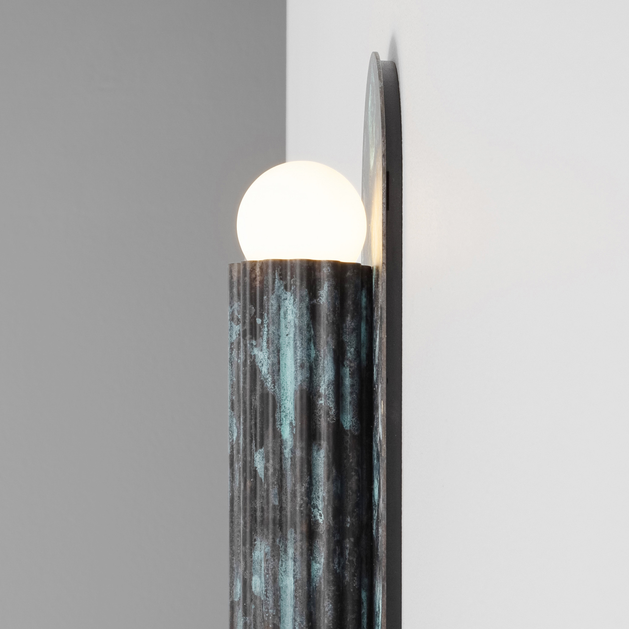 Vesta MD brass Wall Sconce/Flush Mount in Verdigri Ash finish handcrafted by Schwung