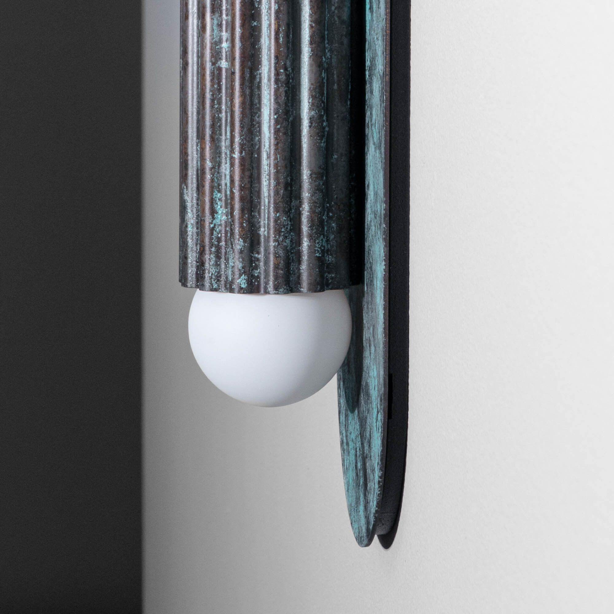 Vesta XLG brass Wall Sconce/Flush Mount in verdigris ash finish handcrafted by Schwung