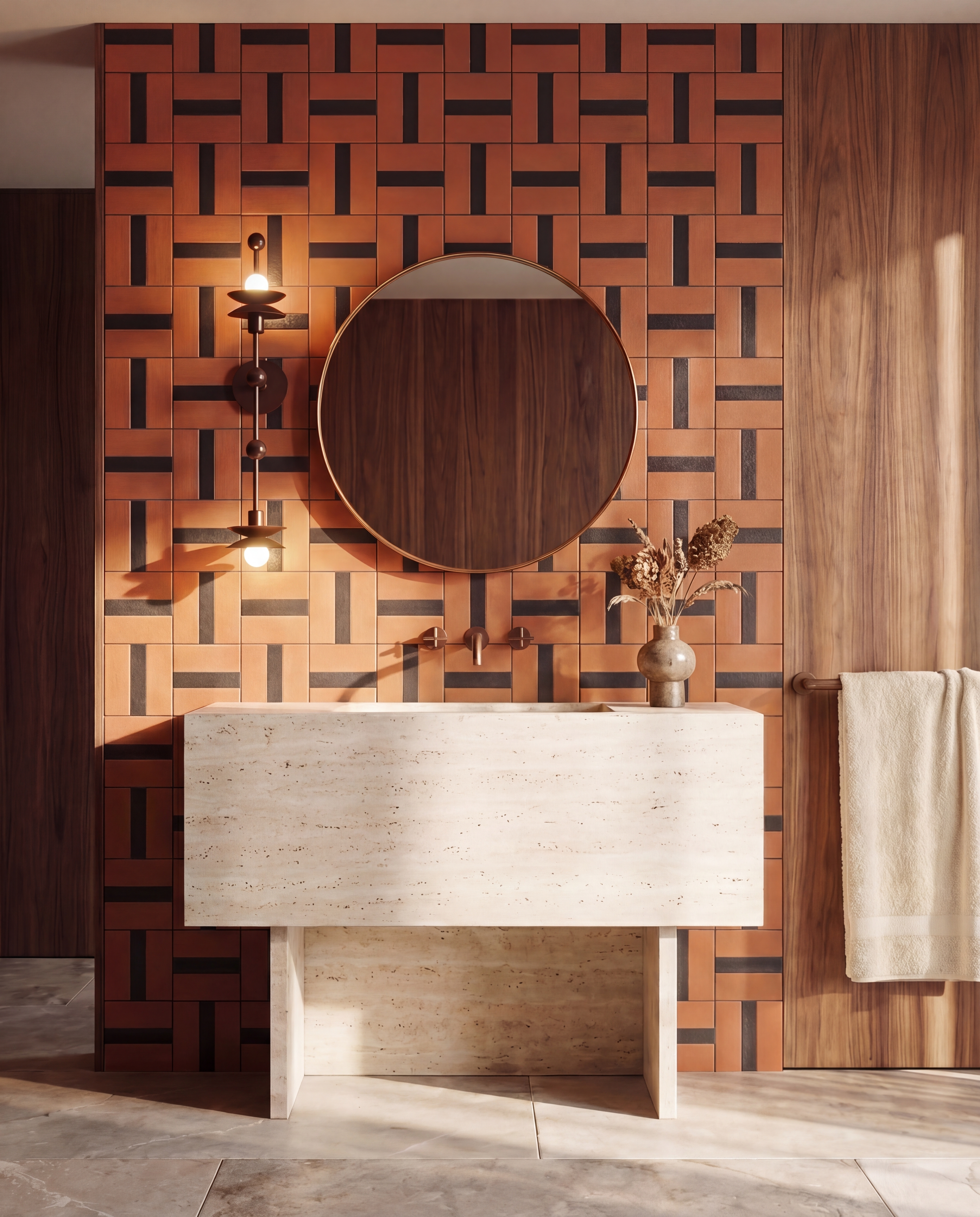 Babylon Double brass and marble wall sconce/flush mount in a Classic Bronze finish, handcrafted by Schwung, installed in a bathroom next to a mirror.