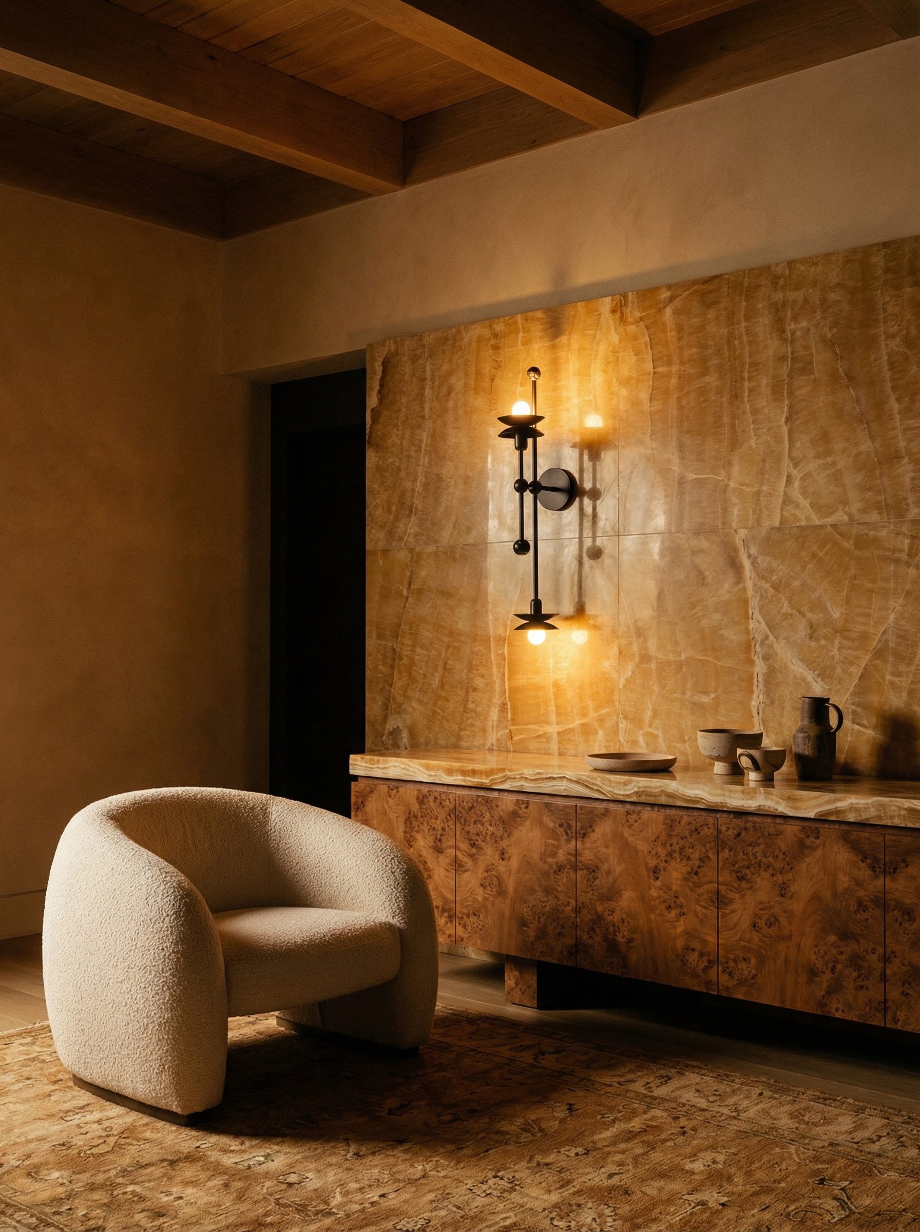 Babylon Double brass and marble wall sconce/flush mount in a Classic Bronze finish, handcrafted by Schwung, installed above a sideboard in a living room.