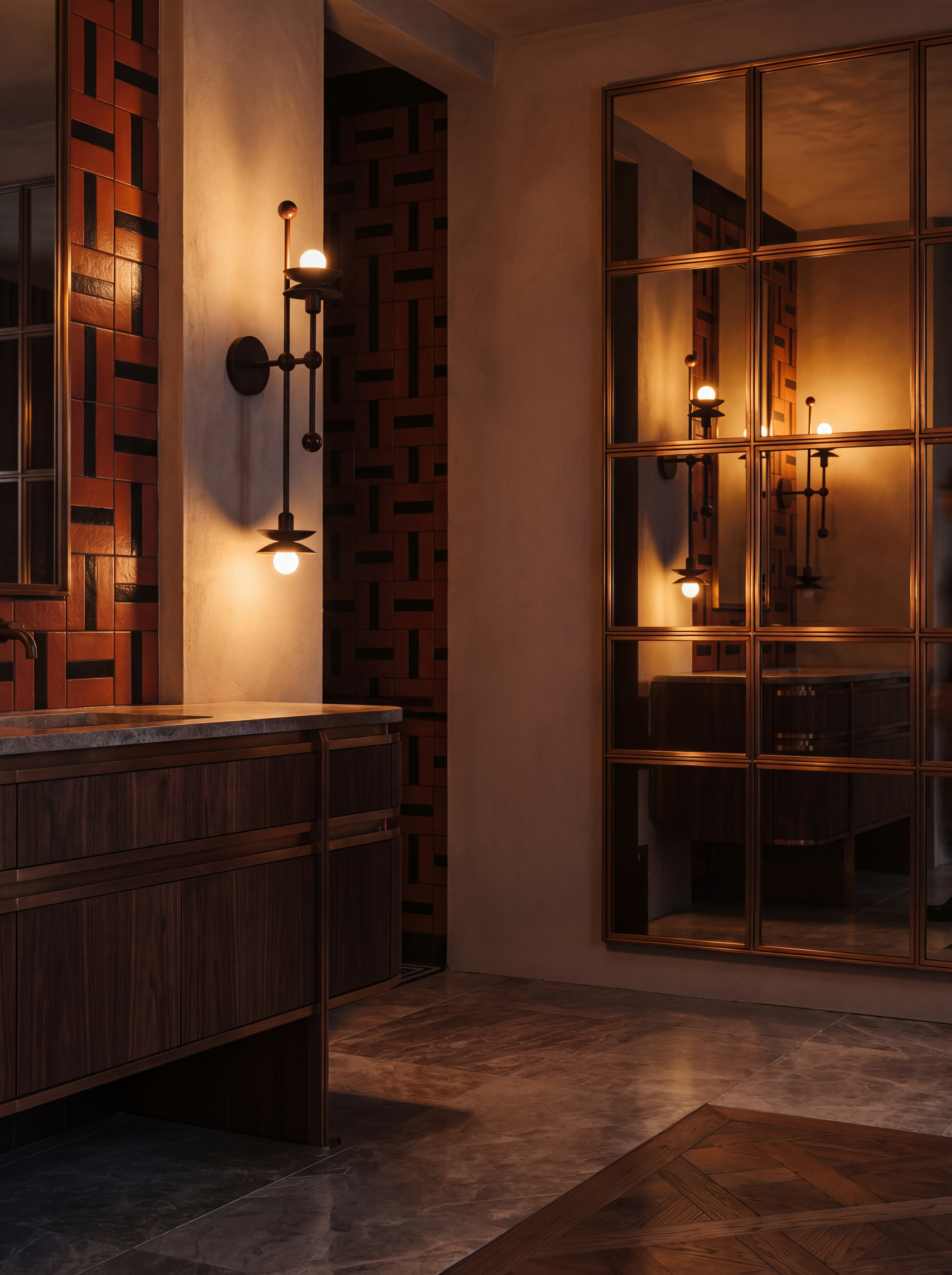 Babylon Double brass and marble wall sconce/flush mount in a Classic Bronze finish, handcrafted by Schwung, installed in a bathroom near a sink and mirror.