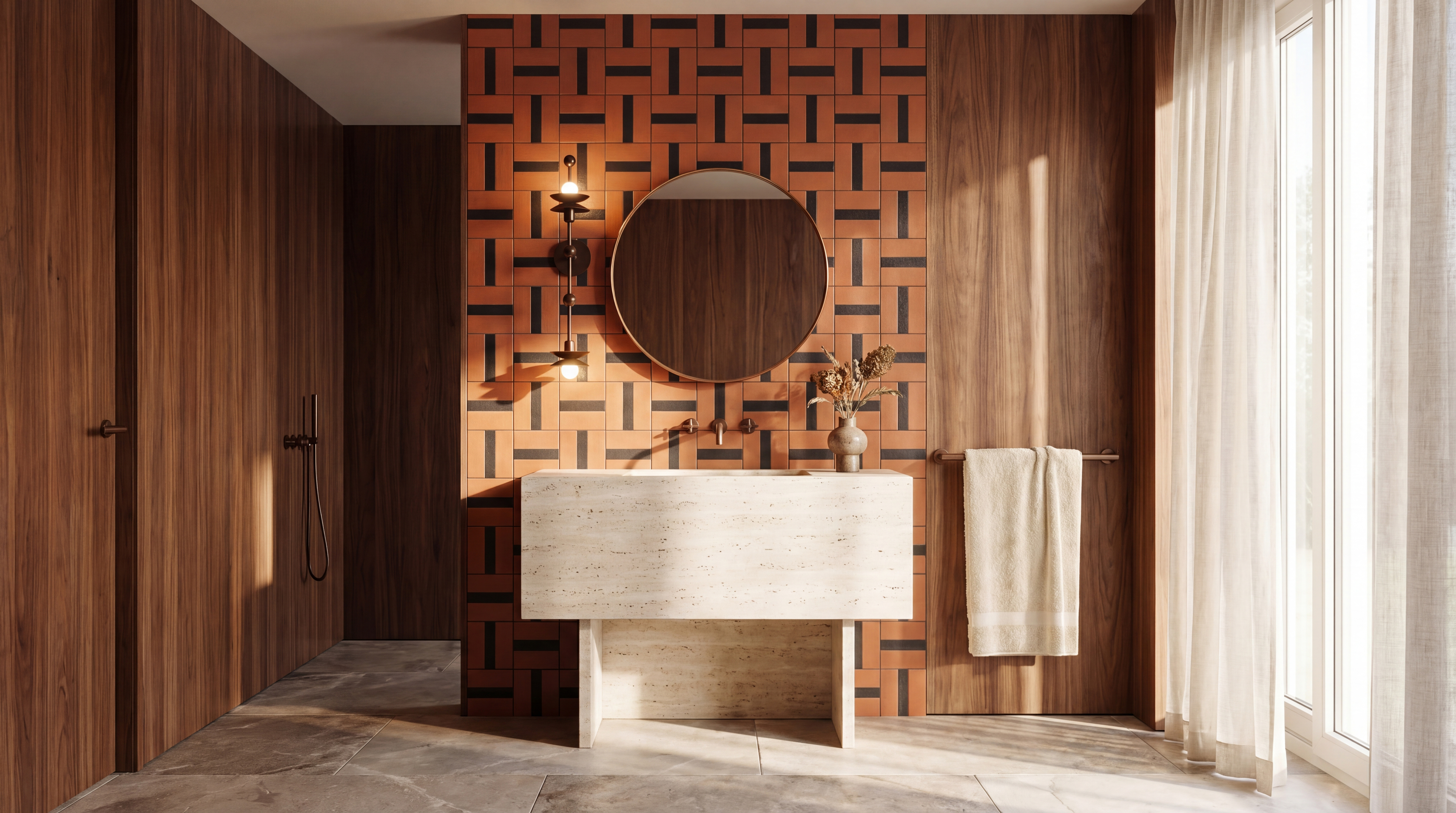 Babylon Double brass and marble wall sconce/flush mount in a Classic Bronze finish, handcrafted by Schwung, installed in a bathroom next to a mirror.