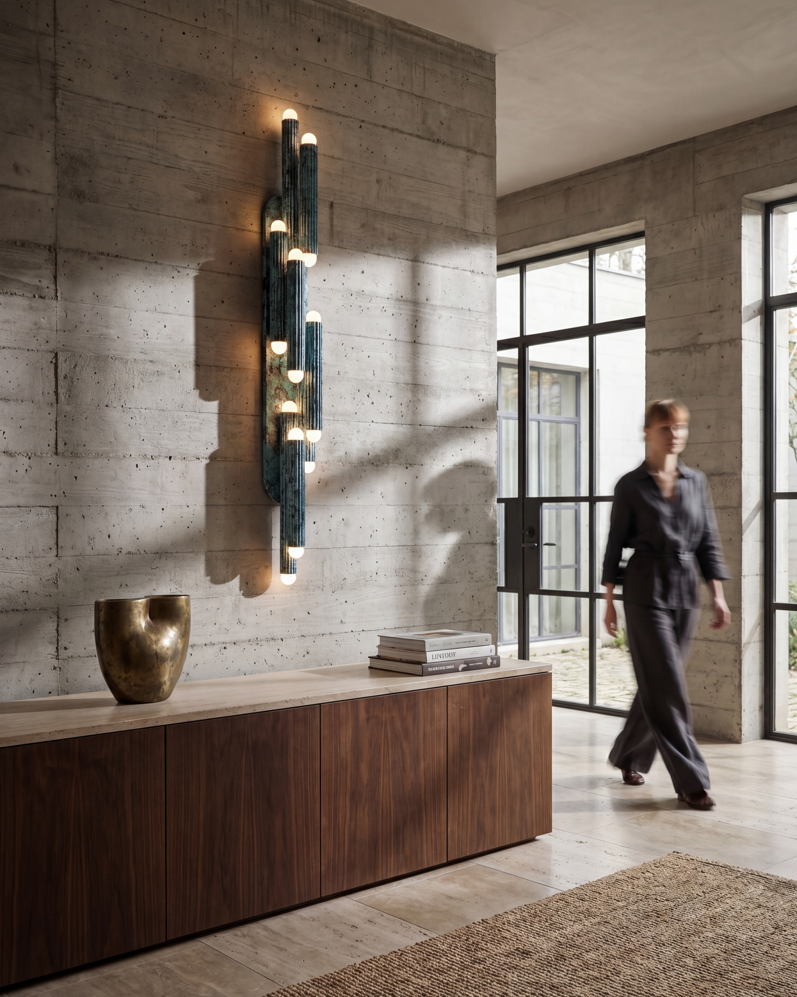 Vesta Legion LG wall sconce in verdigris ash finish, showcased in a refined interior with natural light and architectural details by Schwung.