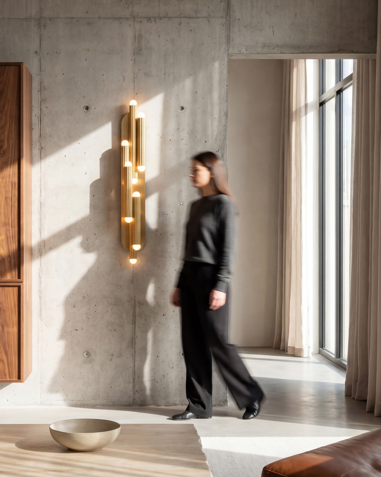 Vesta Legion MD wall sconce / flush mount in rose ash finish, showcased in a refined architectural interior with natural light by Schwung.