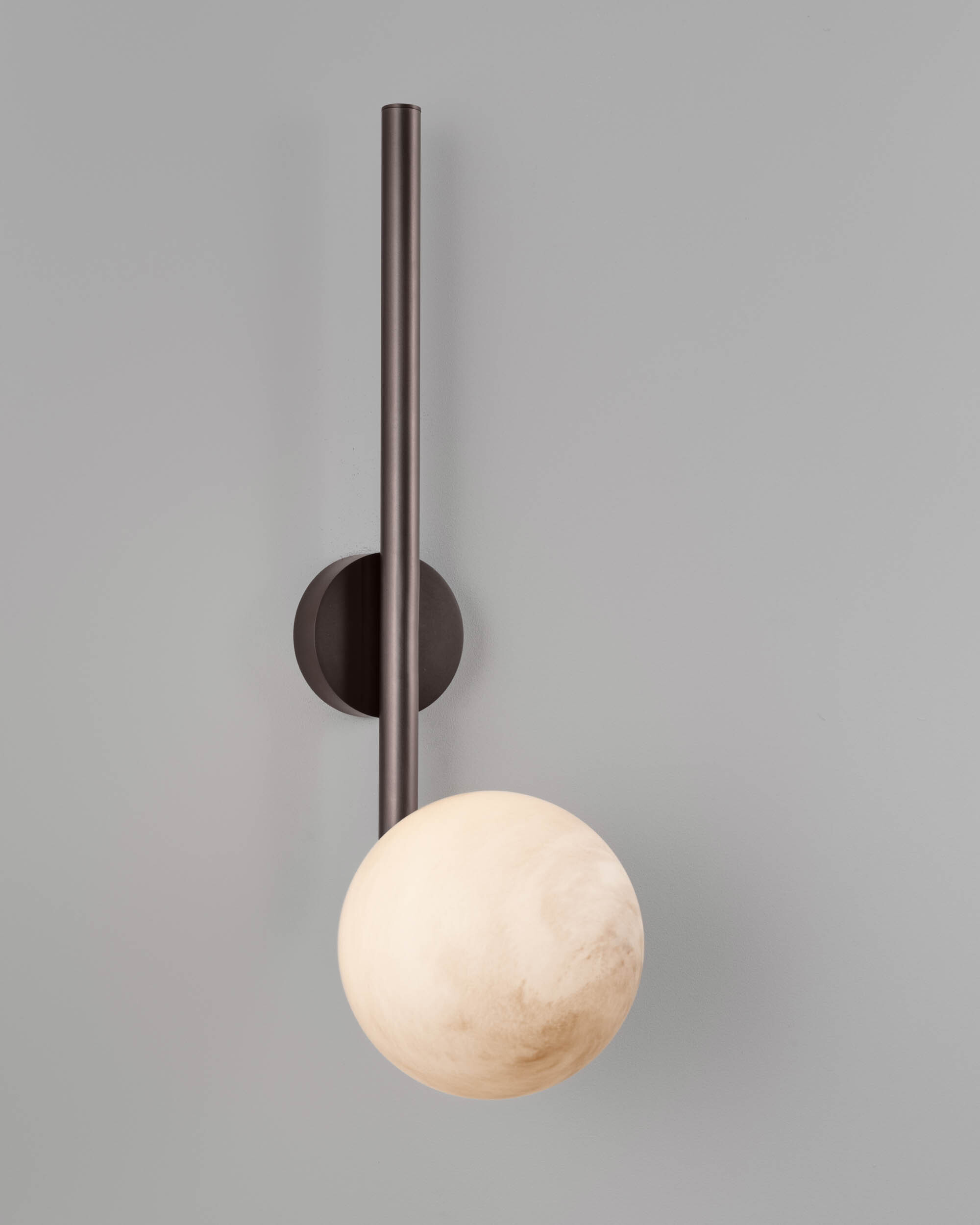 Tubular LG brass and glass Wall Sconce in classic bronze finish with marble globe handcrafted by Schwung