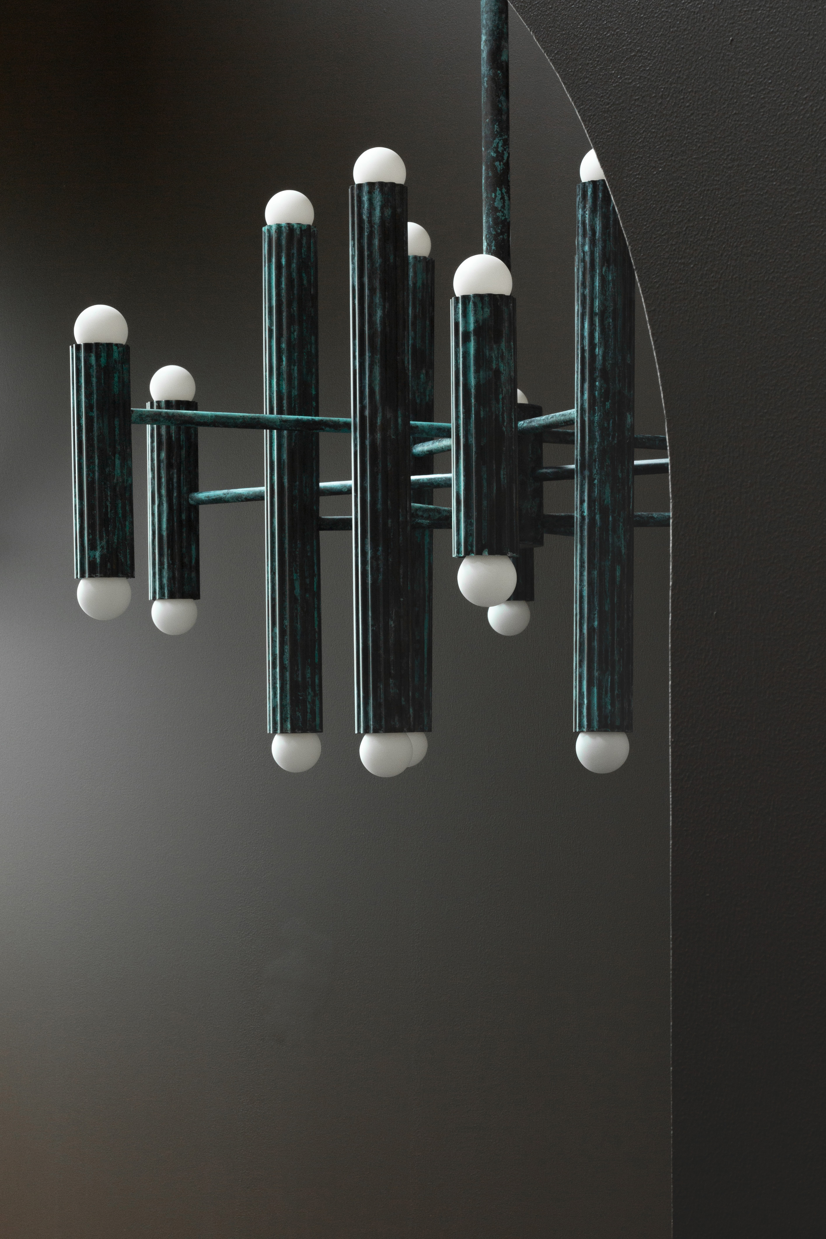 Vesta Round 24 brass Chandelier in verdigris ash  finish handcrafted by Schwung