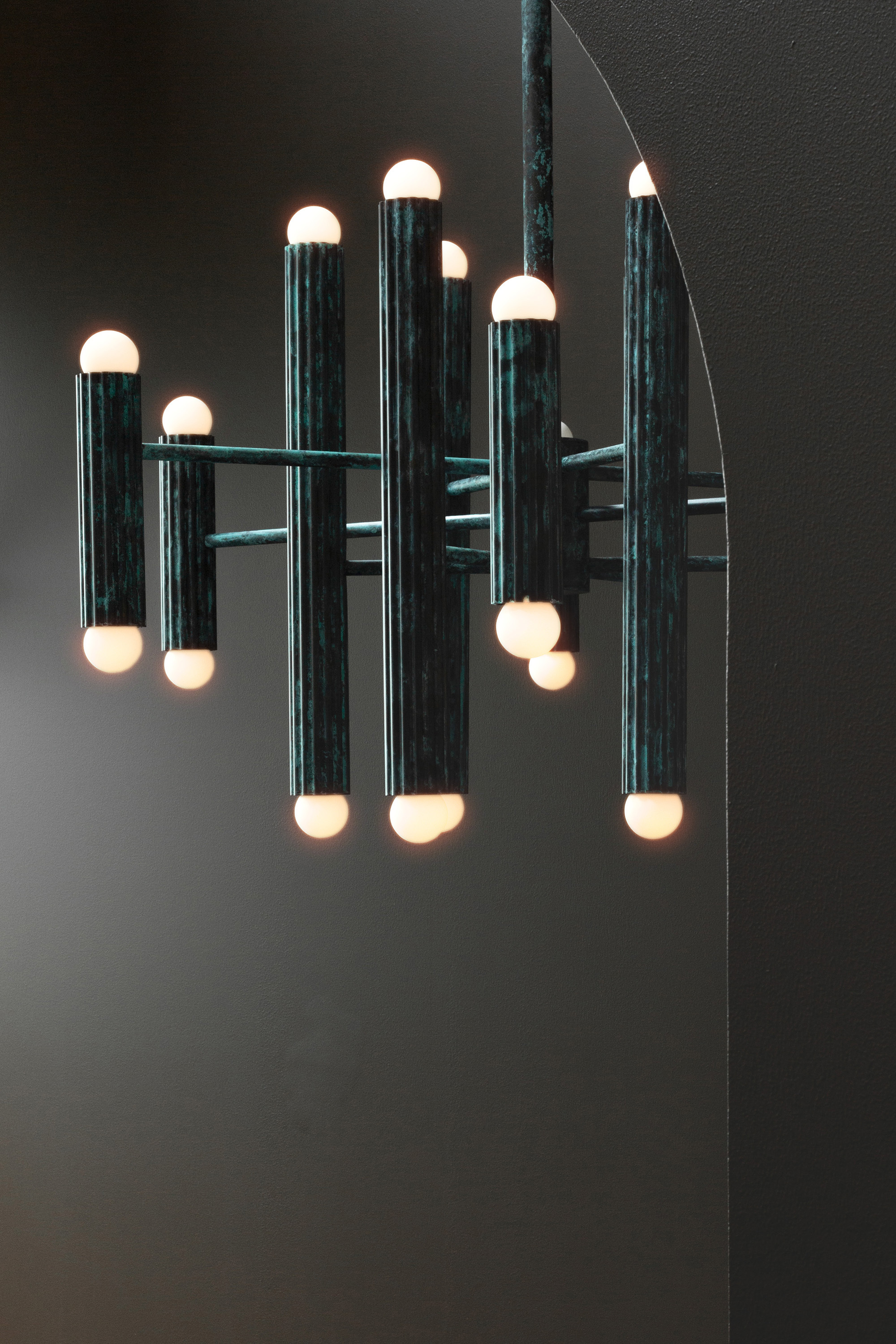 Vesta Round 24 brass Chandelier in verdigris ash  finish handcrafted by Schwung