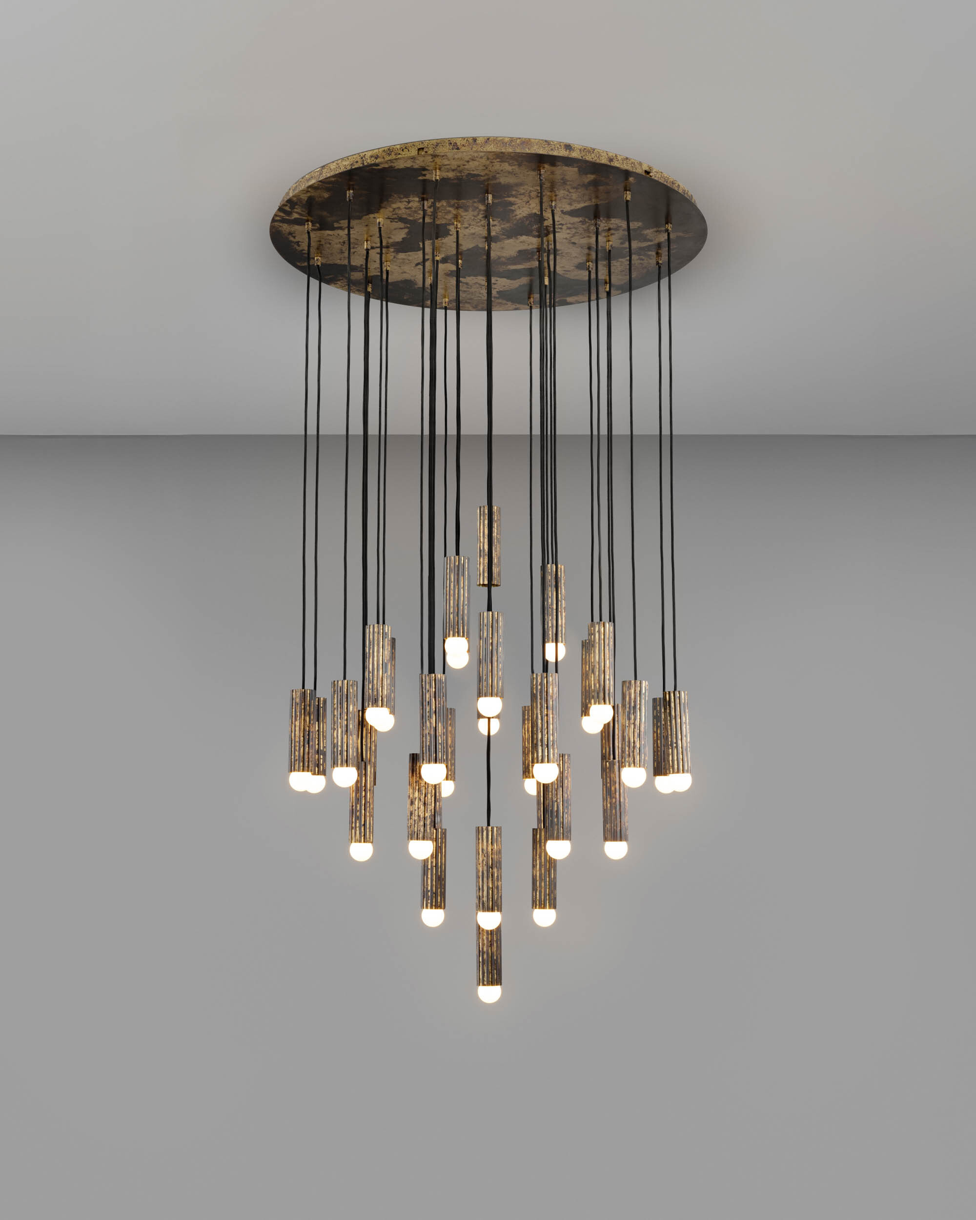 Vesta Cluster 32 brass Chandelier in shadowed gild  finish handcrafted by Schwung