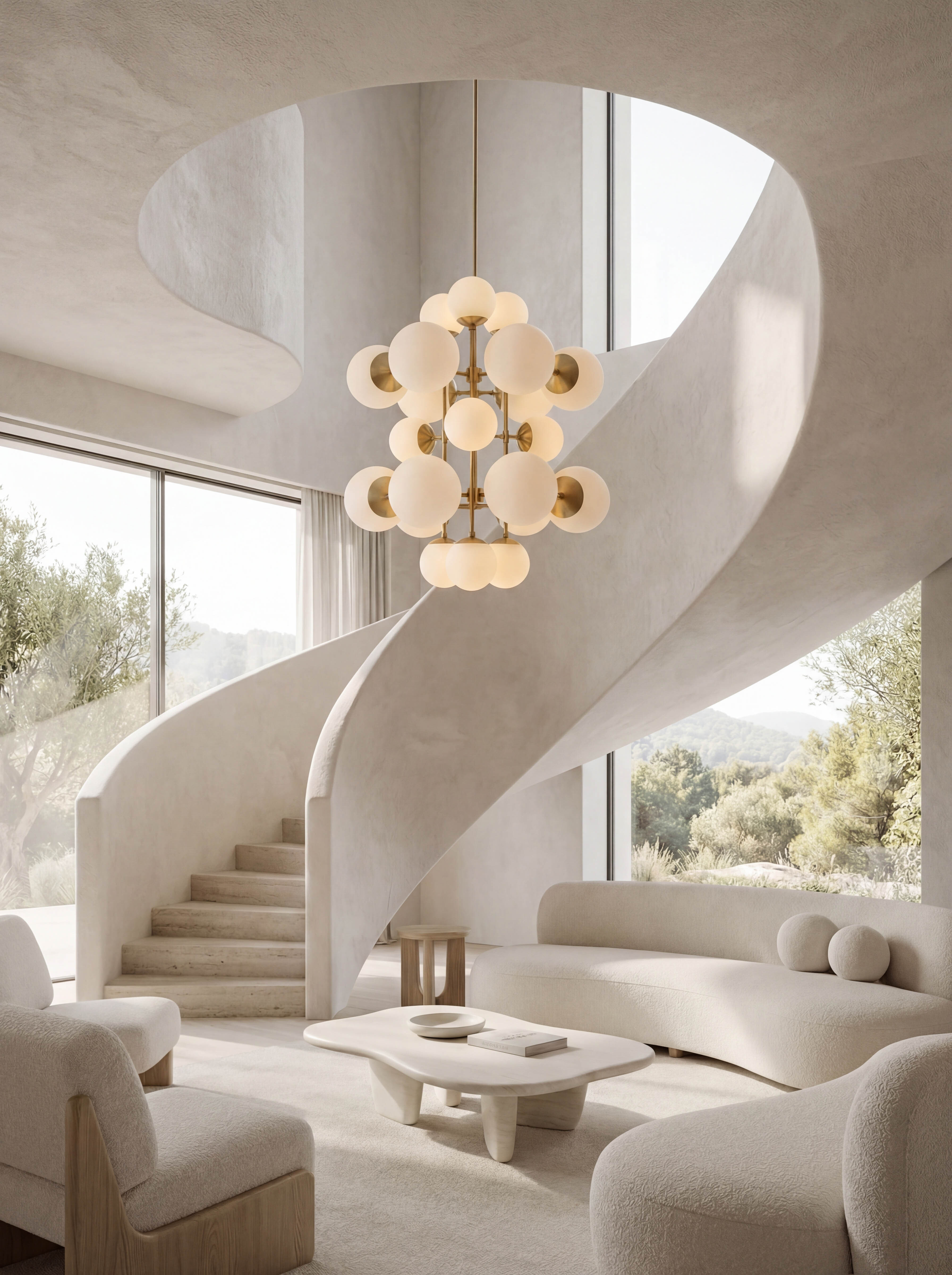 Glow brass and glass Chandelier in Lacquered Burnished Brassfinish handcrafted by Schwung