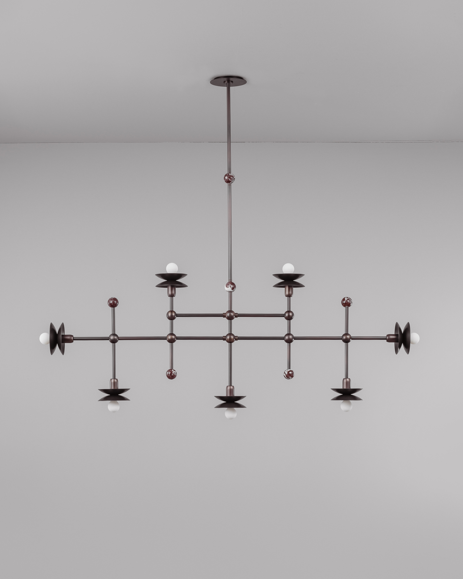 Babylon Linear 7 brass and marble Chandelier in classic bronze  finish handcrafted by Schwung