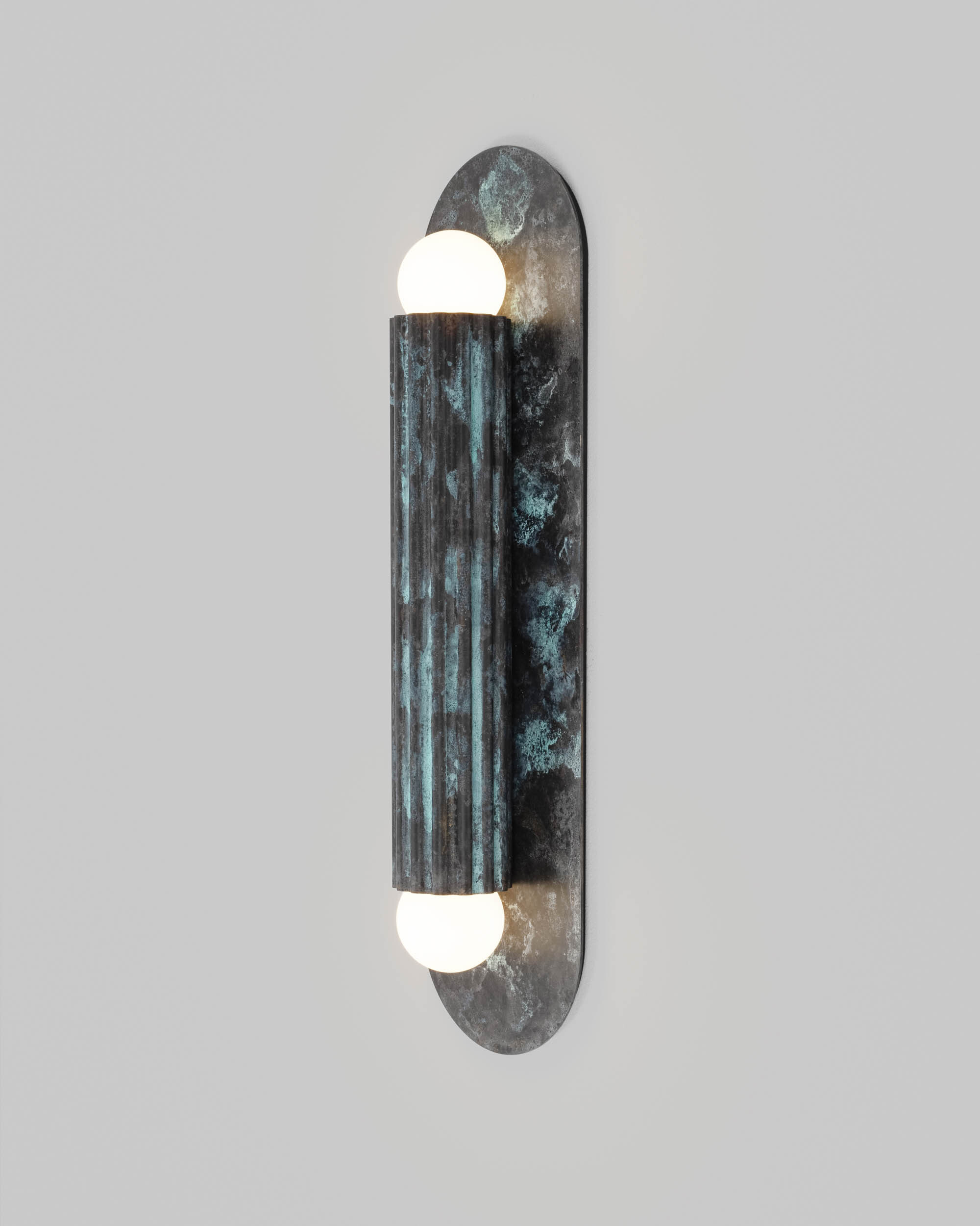 Vesta MD brass Wall Sconce/Flush Mount in Verdigri Ash finish handcrafted by Schwung