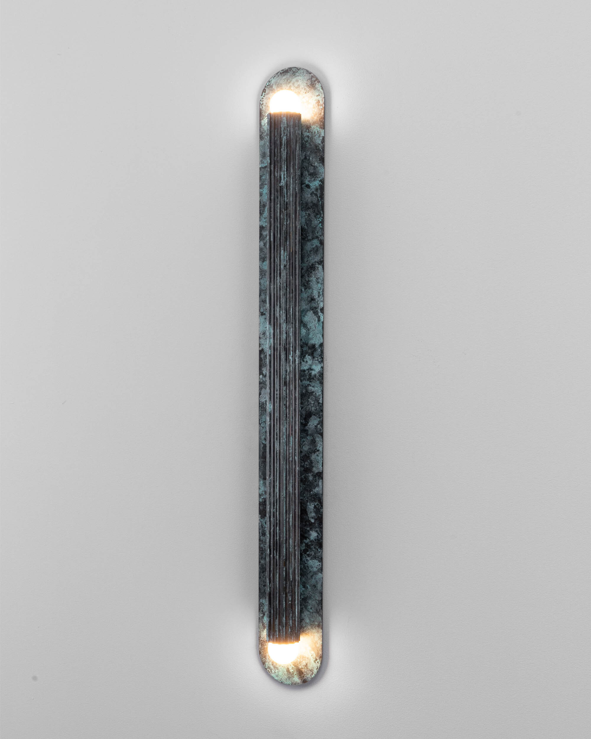 Vesta XLG brass Wall Sconce/Flush Mount in verdigris ash finish handcrafted by Schwung